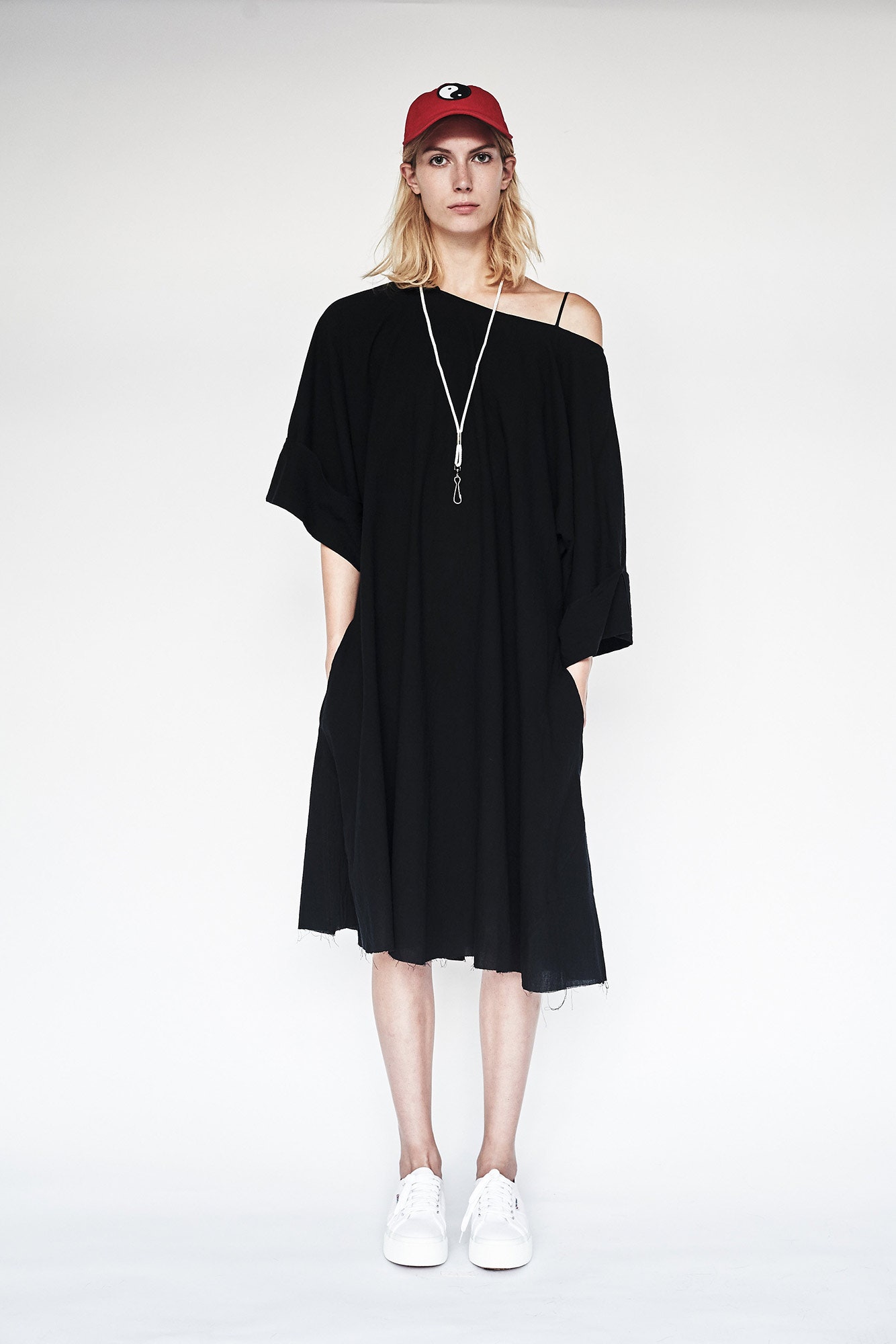 black cotton sleeveless off-shoulder relaxed pockets draped dress