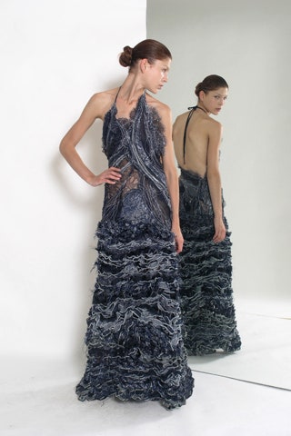 blue gray ruffled maxi gown