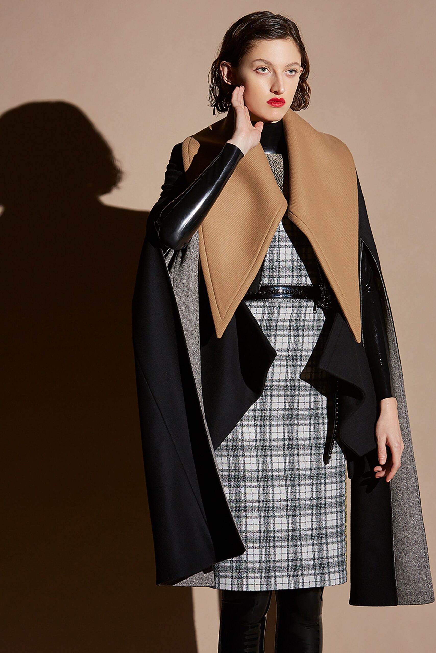 gray wool long-sleeve collared fitted checked midi dress