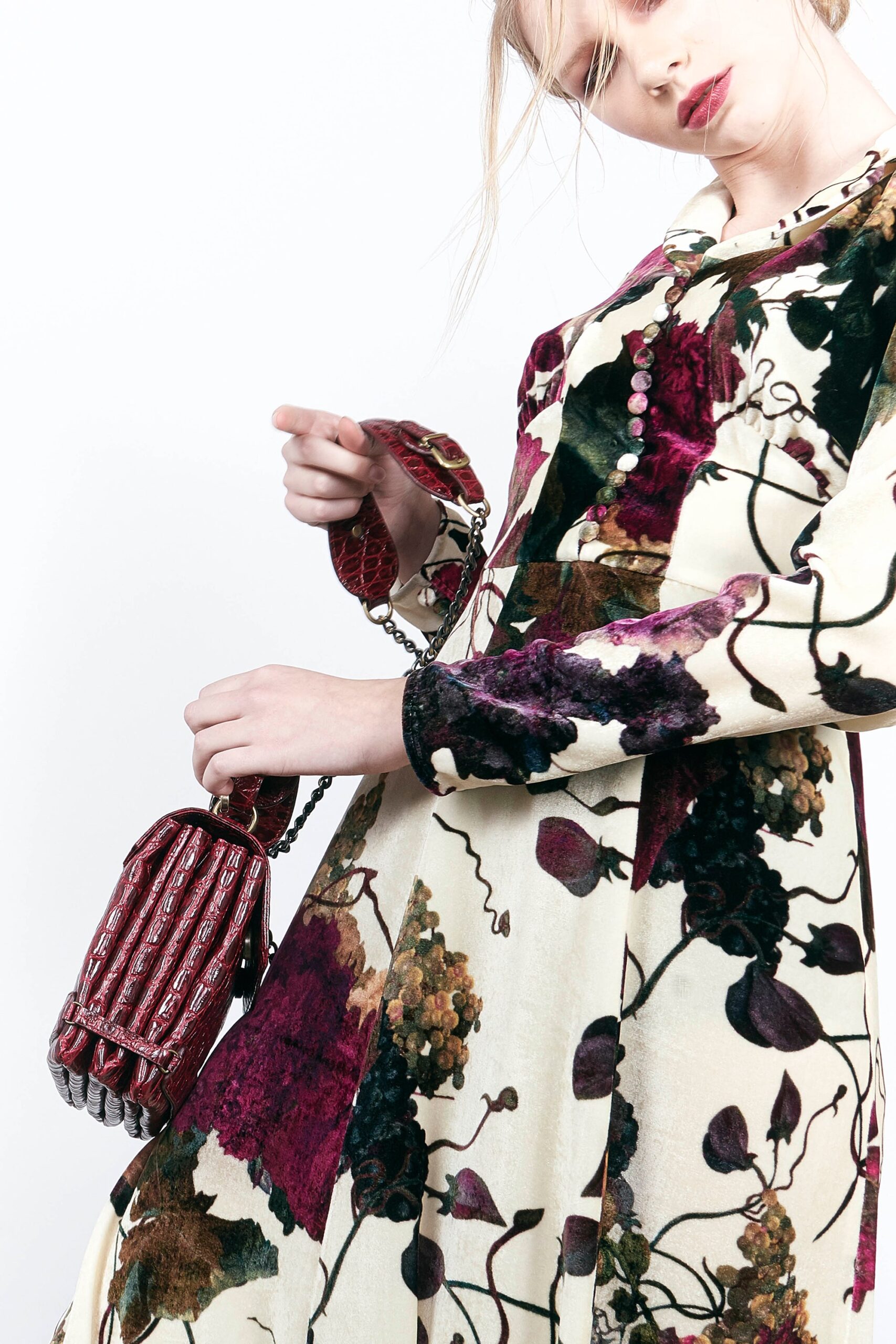 floral velvet midi dress with bag