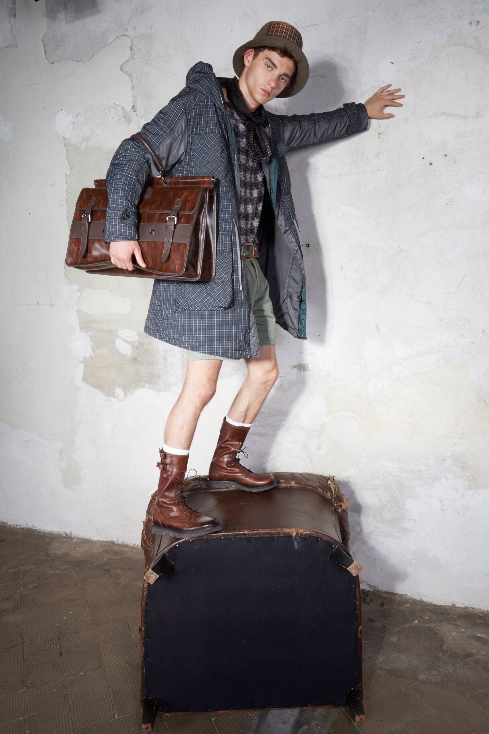 gray blue coat with green shorts
