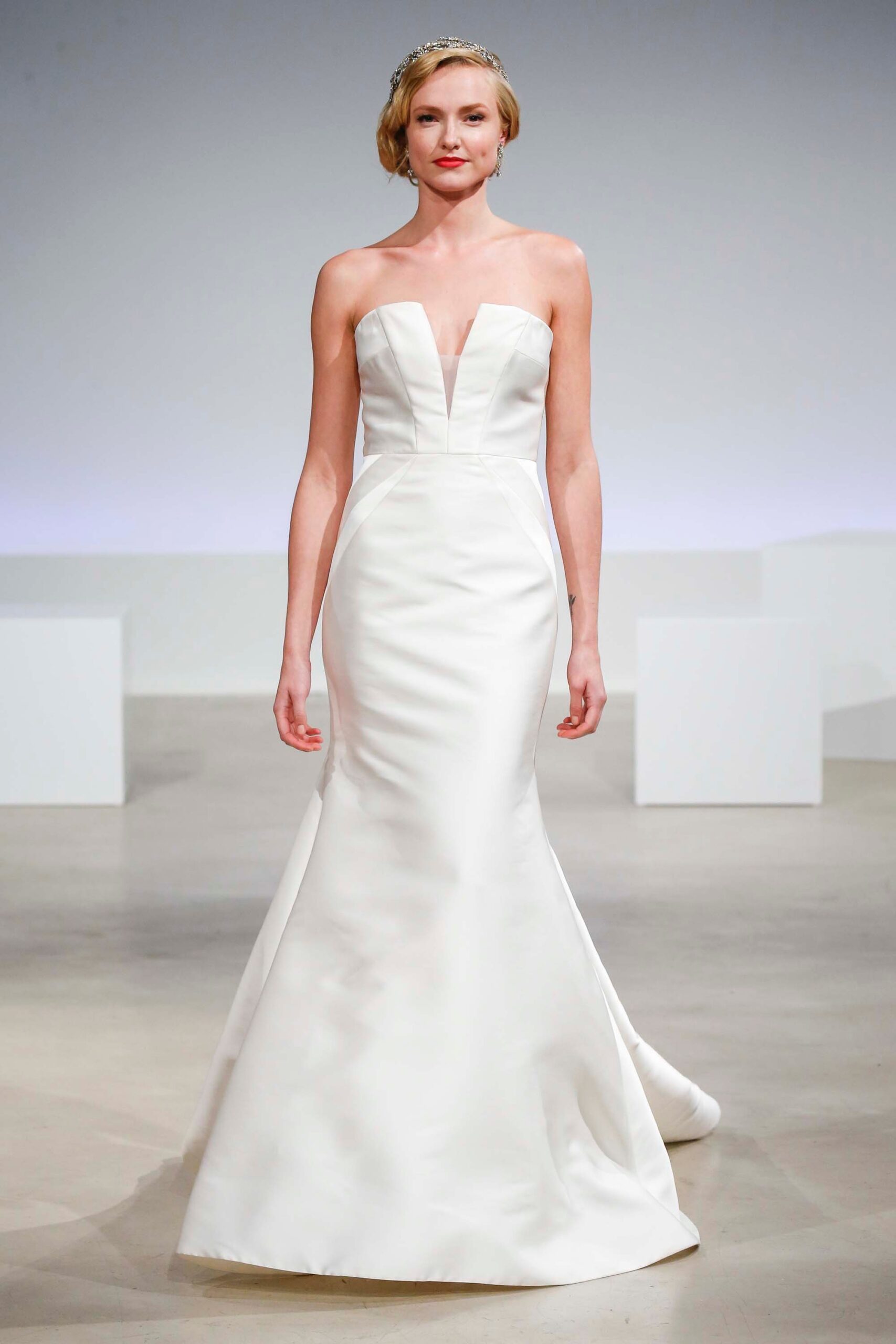 white silk strapless gown