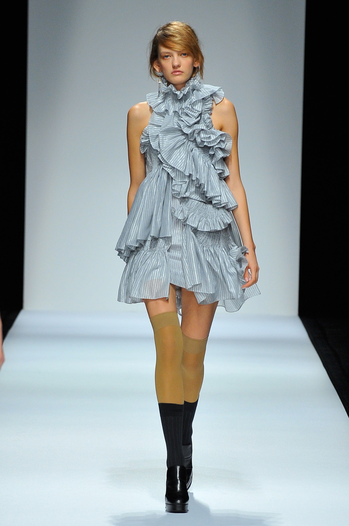 blue and white ruffled mini dress
