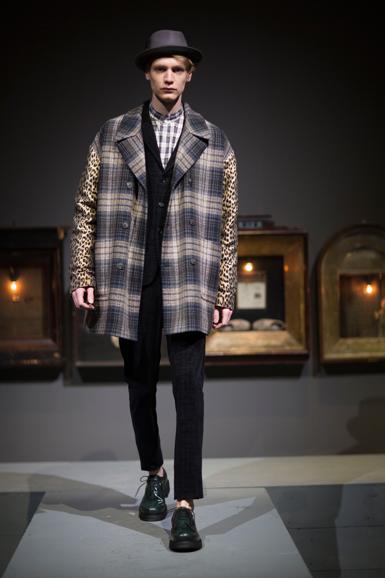 gray plaid coat with black vest