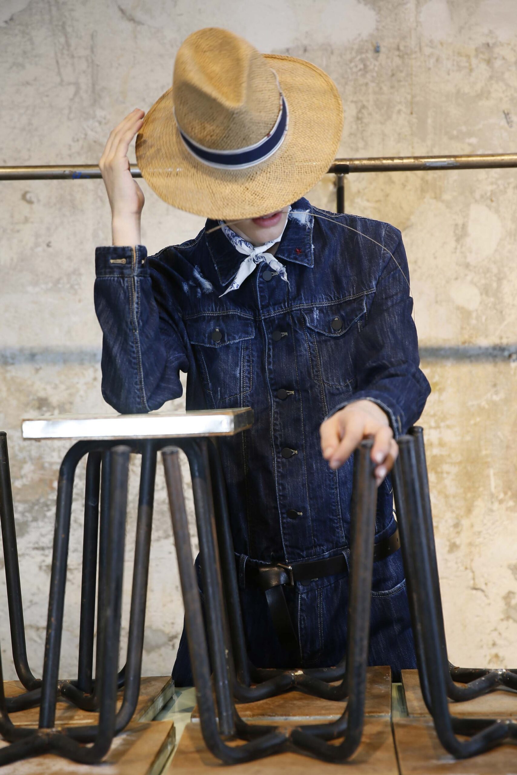 blue denim long-sleeve collared fitted buttoned mini dress