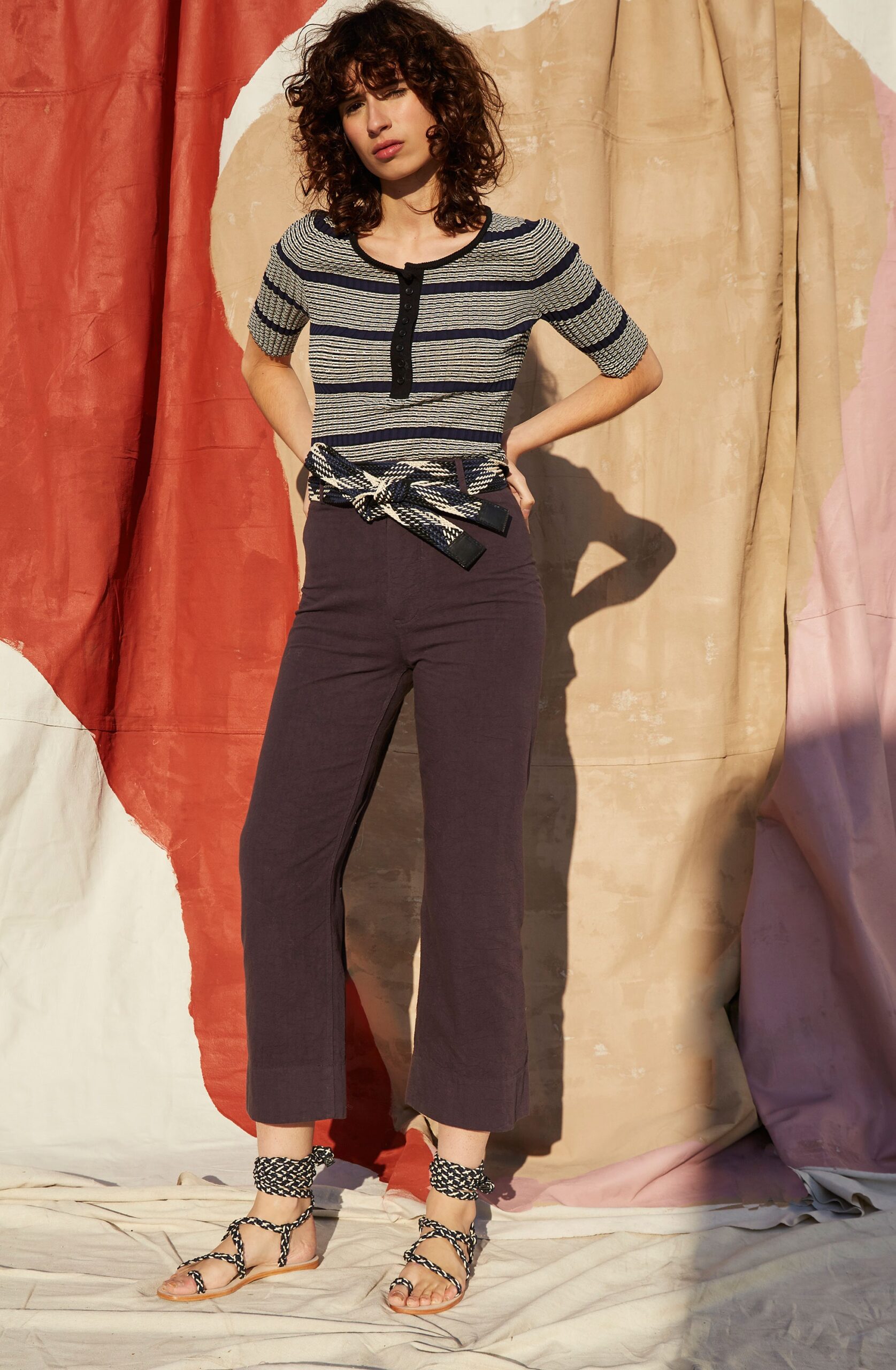 striped fitted top with relaxed pants