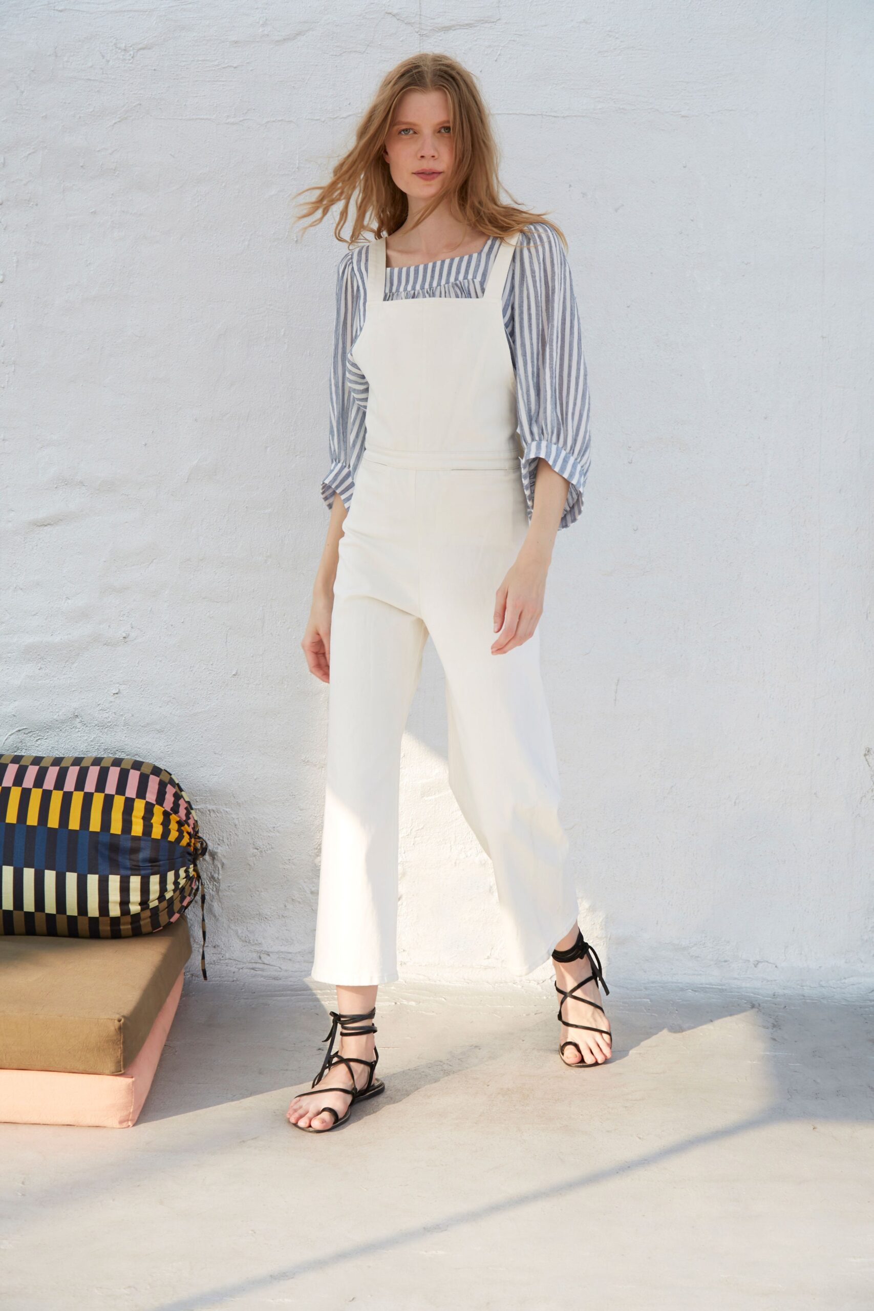 white cotton jumpsuit with striped shirt
