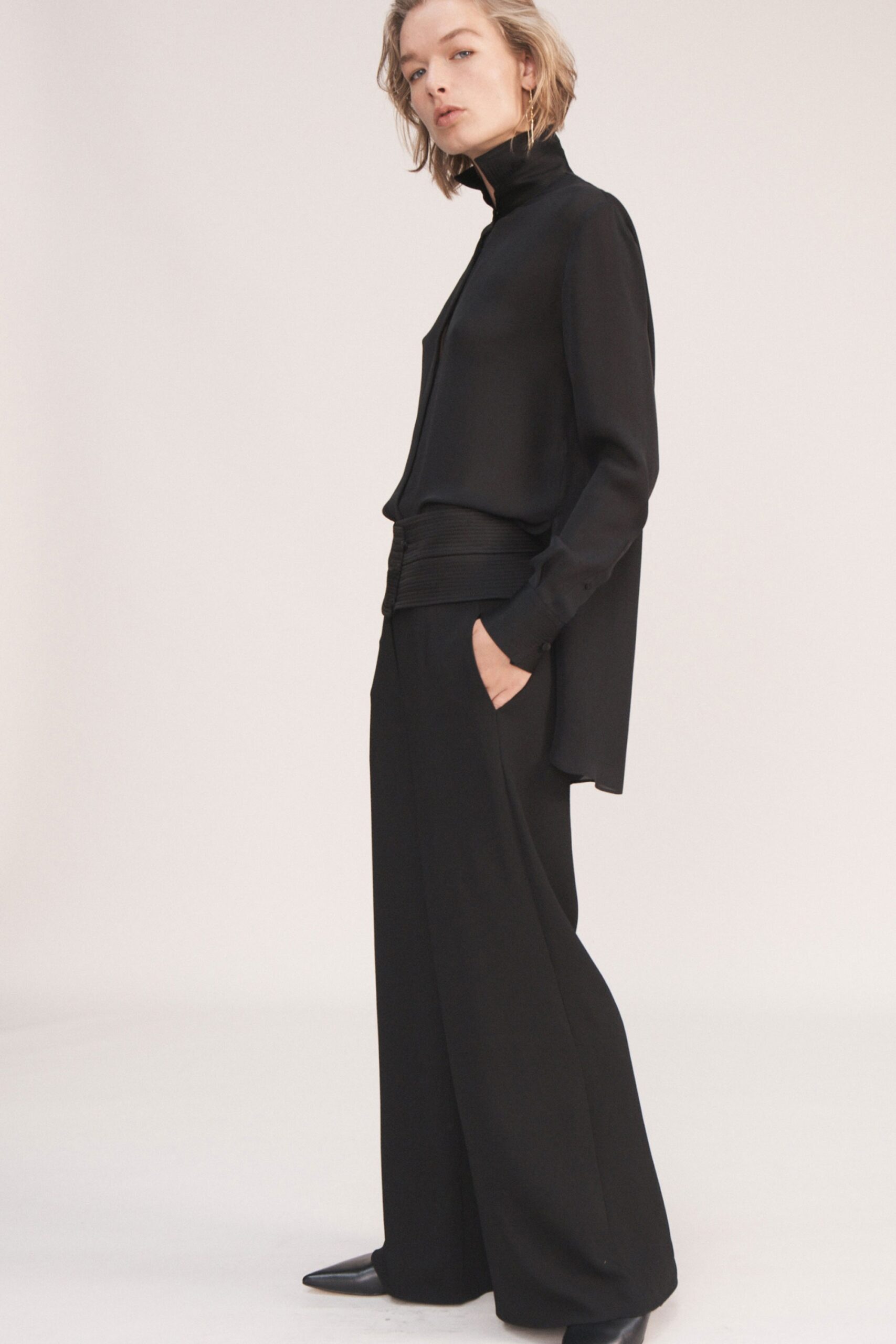 black silk relaxed shirt and pants