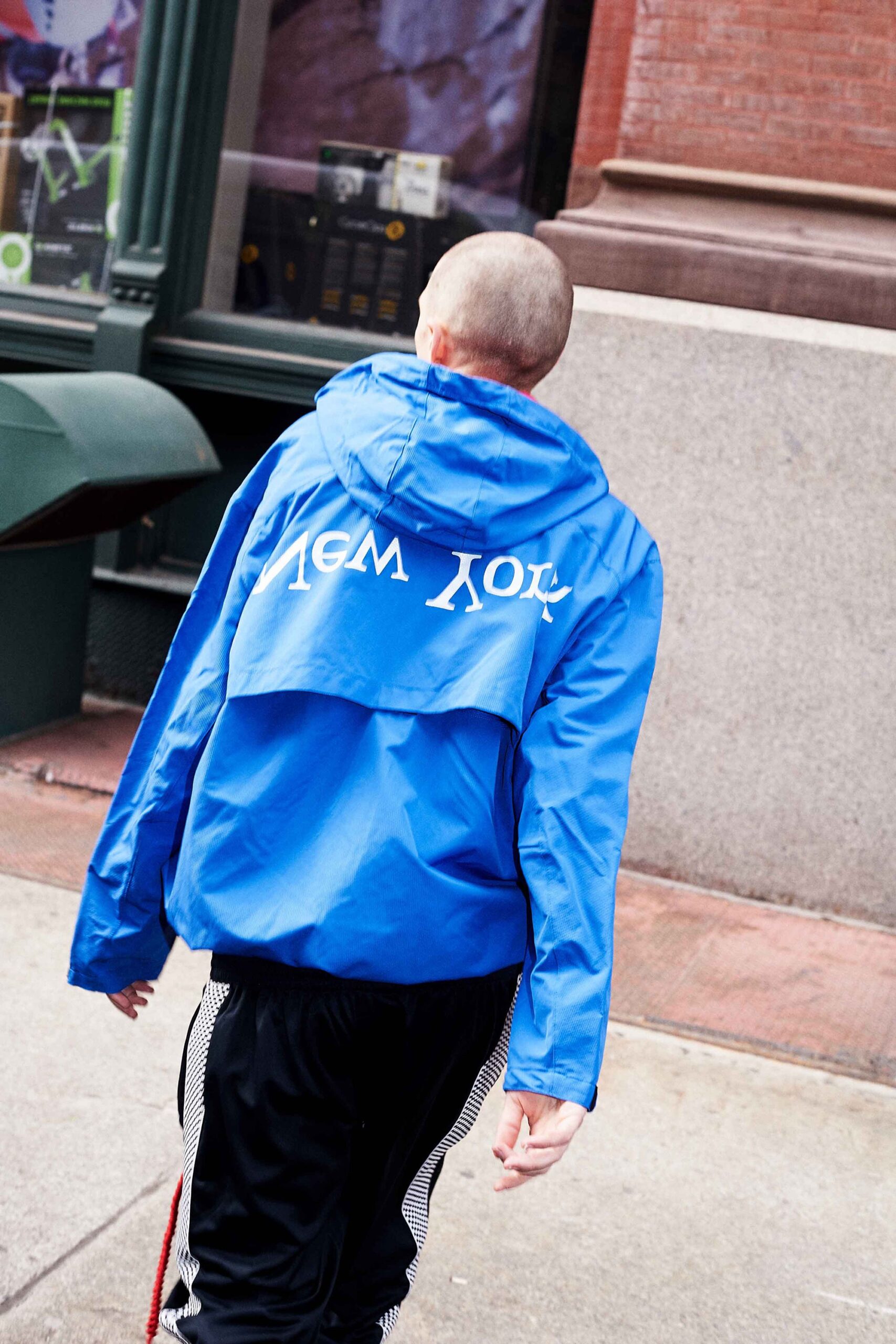 blue vinyl hooded relaxed zippered jacket