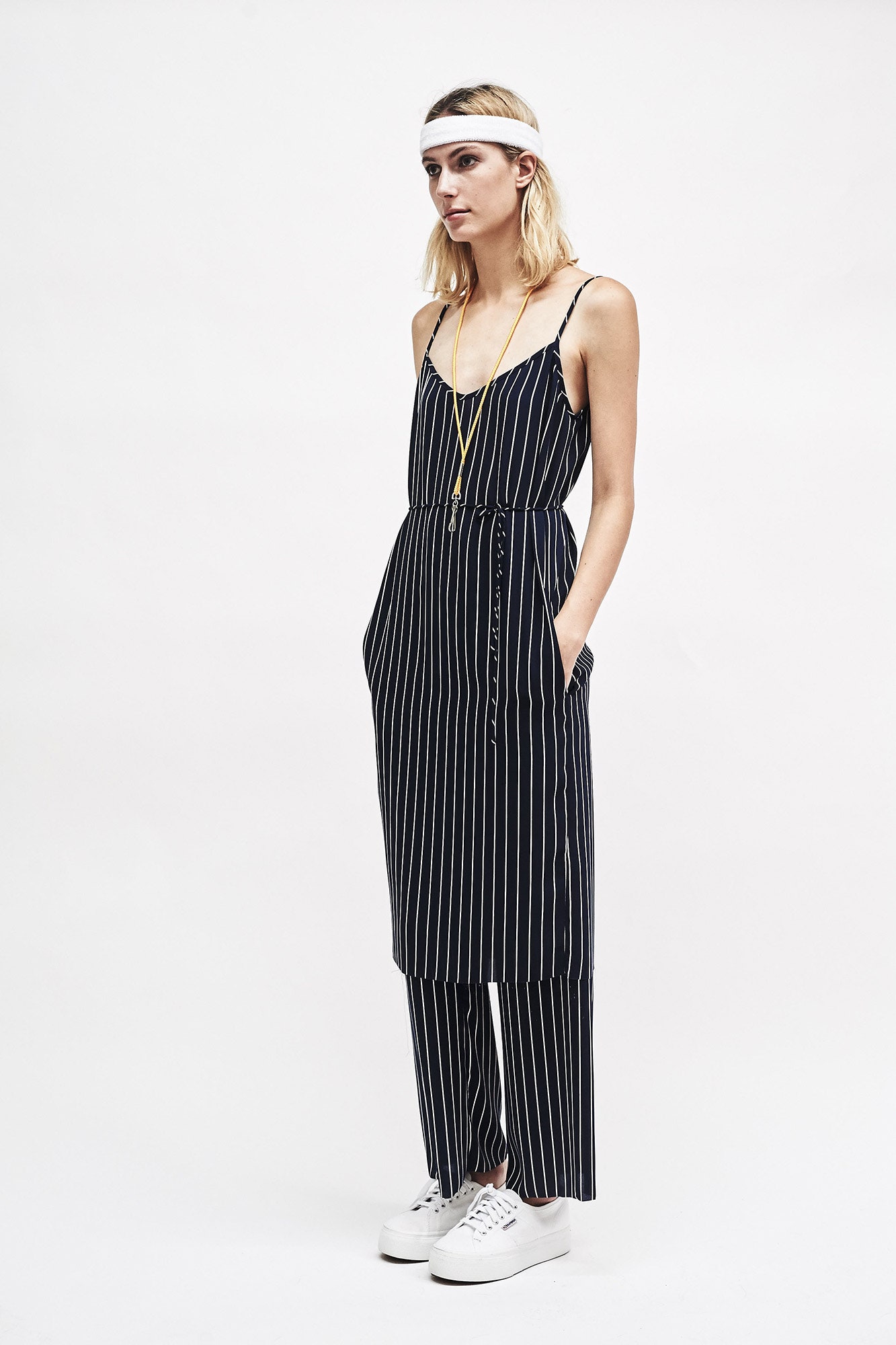 navy and white striped jumpsuit