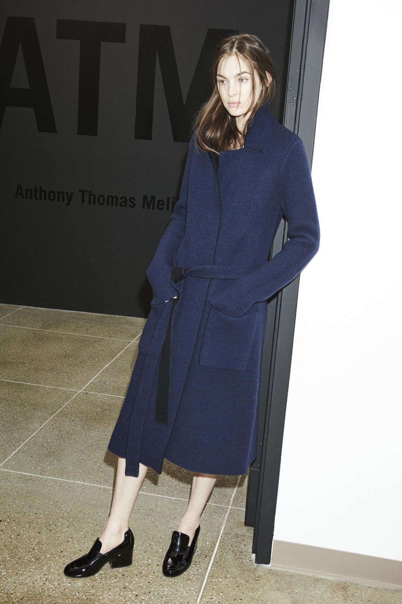 blue wool long-sleeve collared fitted belted pockets coat