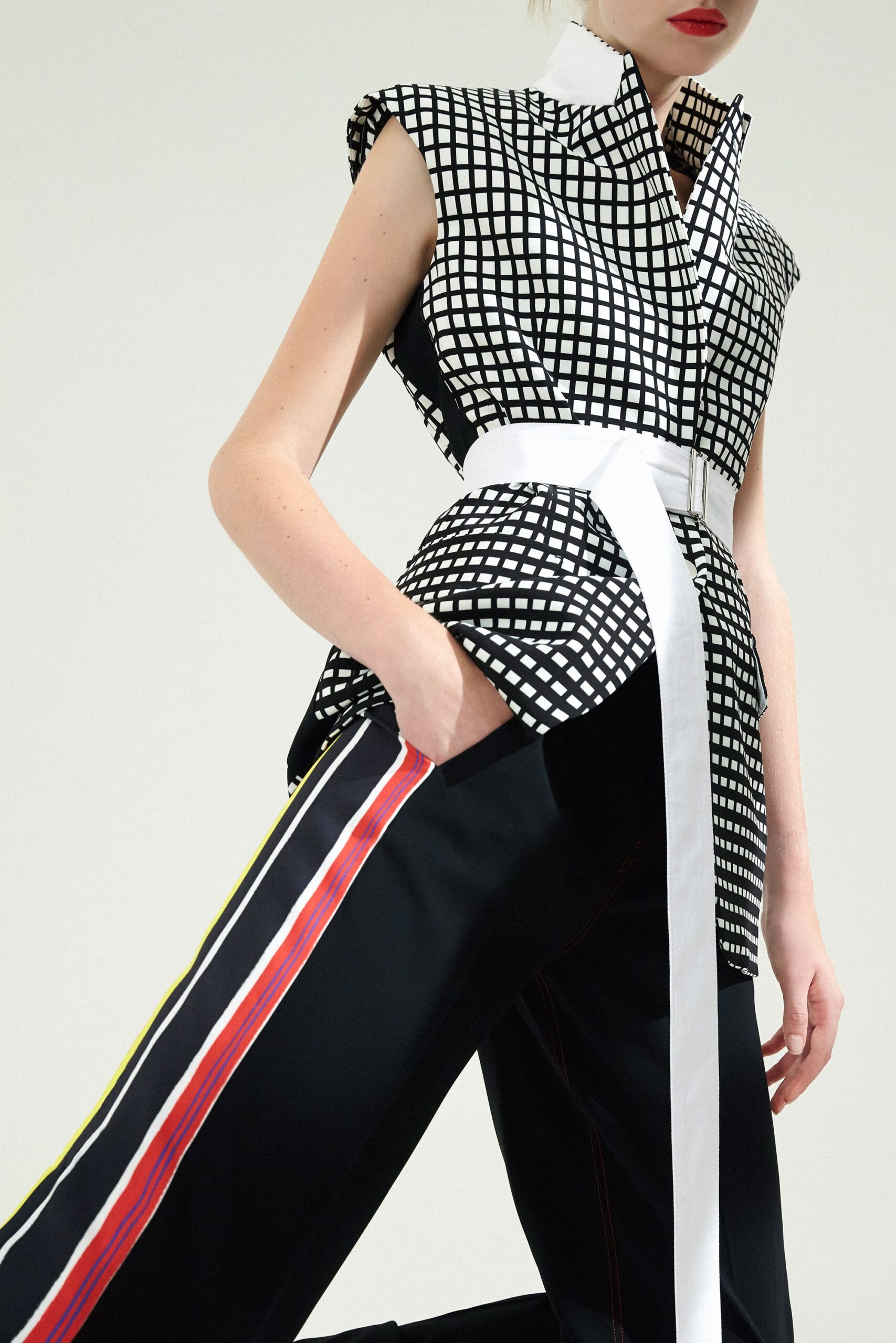 black and white checked top with tailored pants