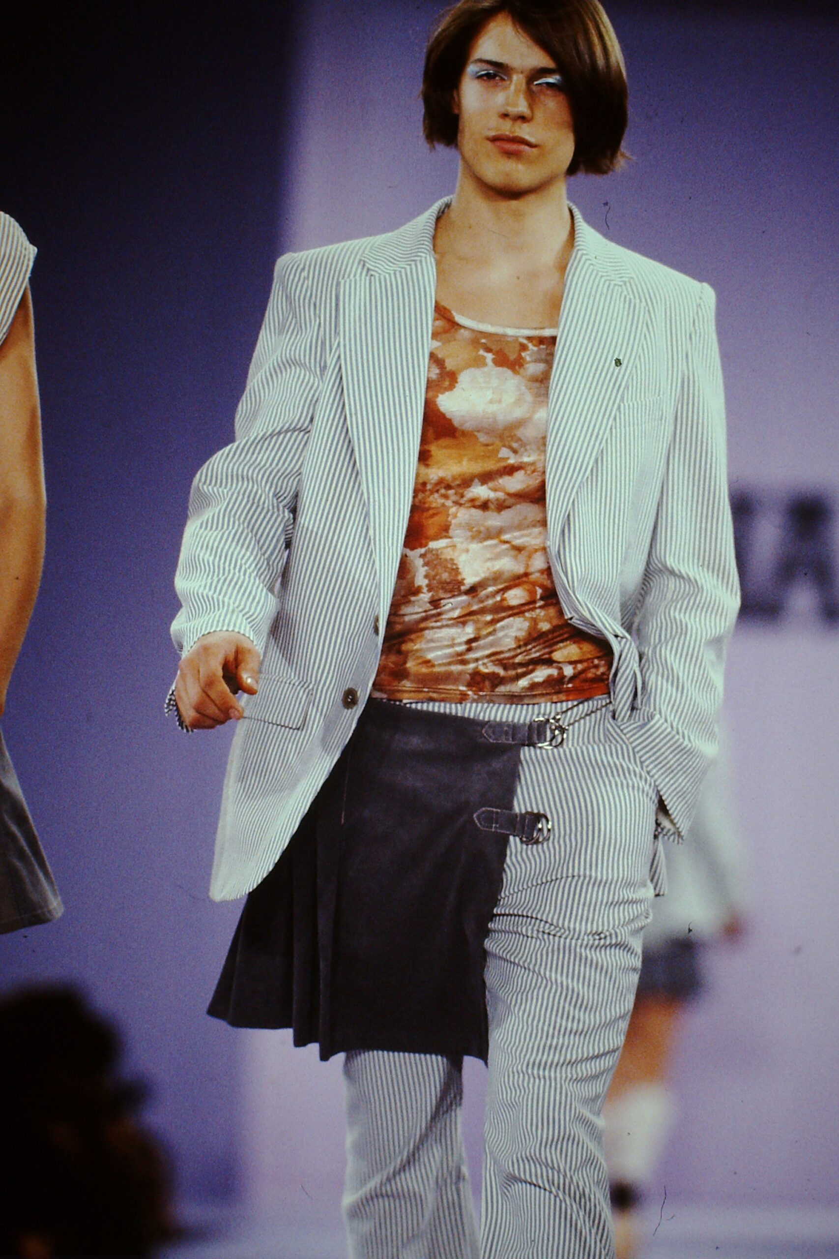 striped tailored suit with printed top