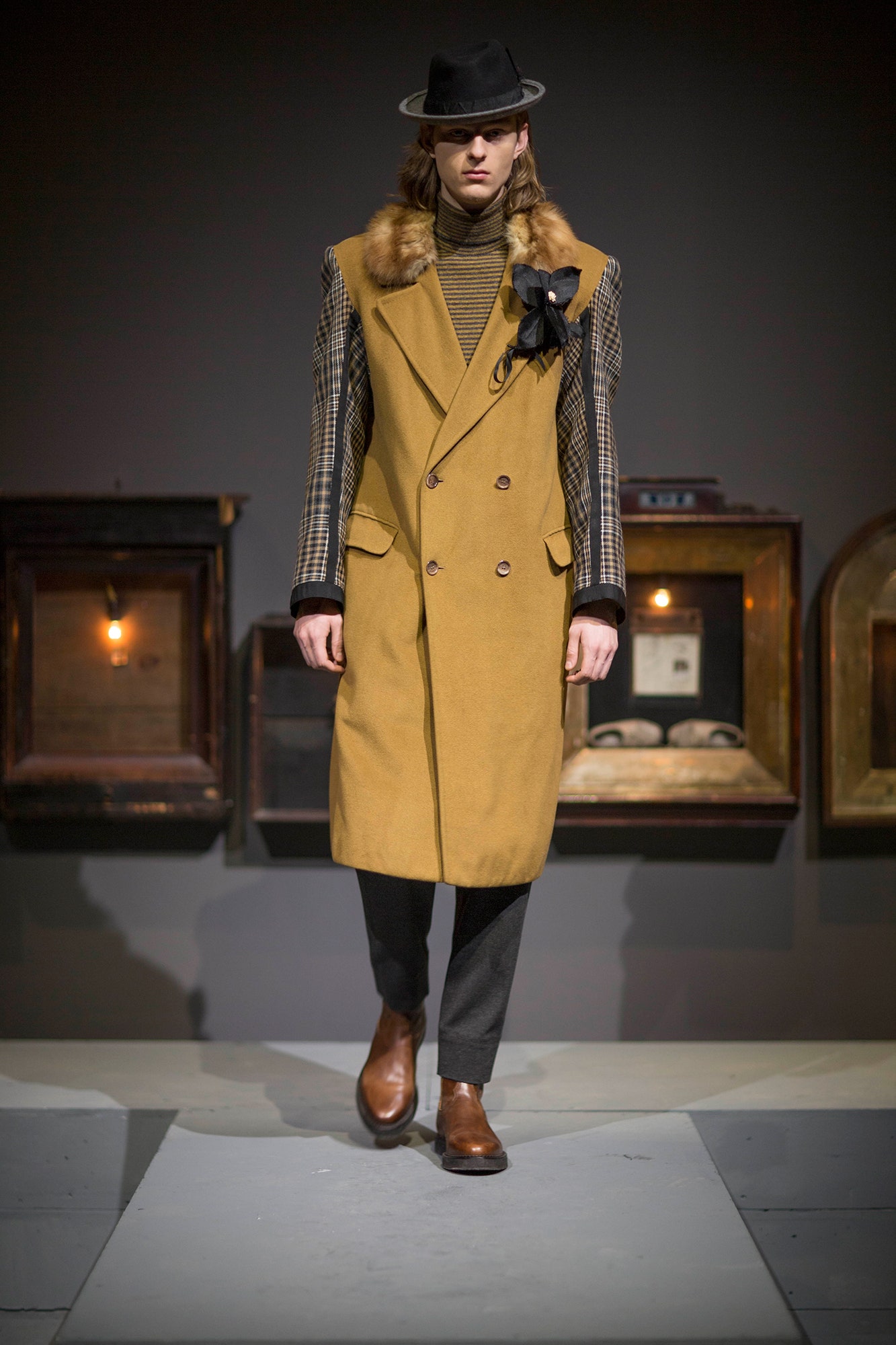 yellow wool coat with checked shirt