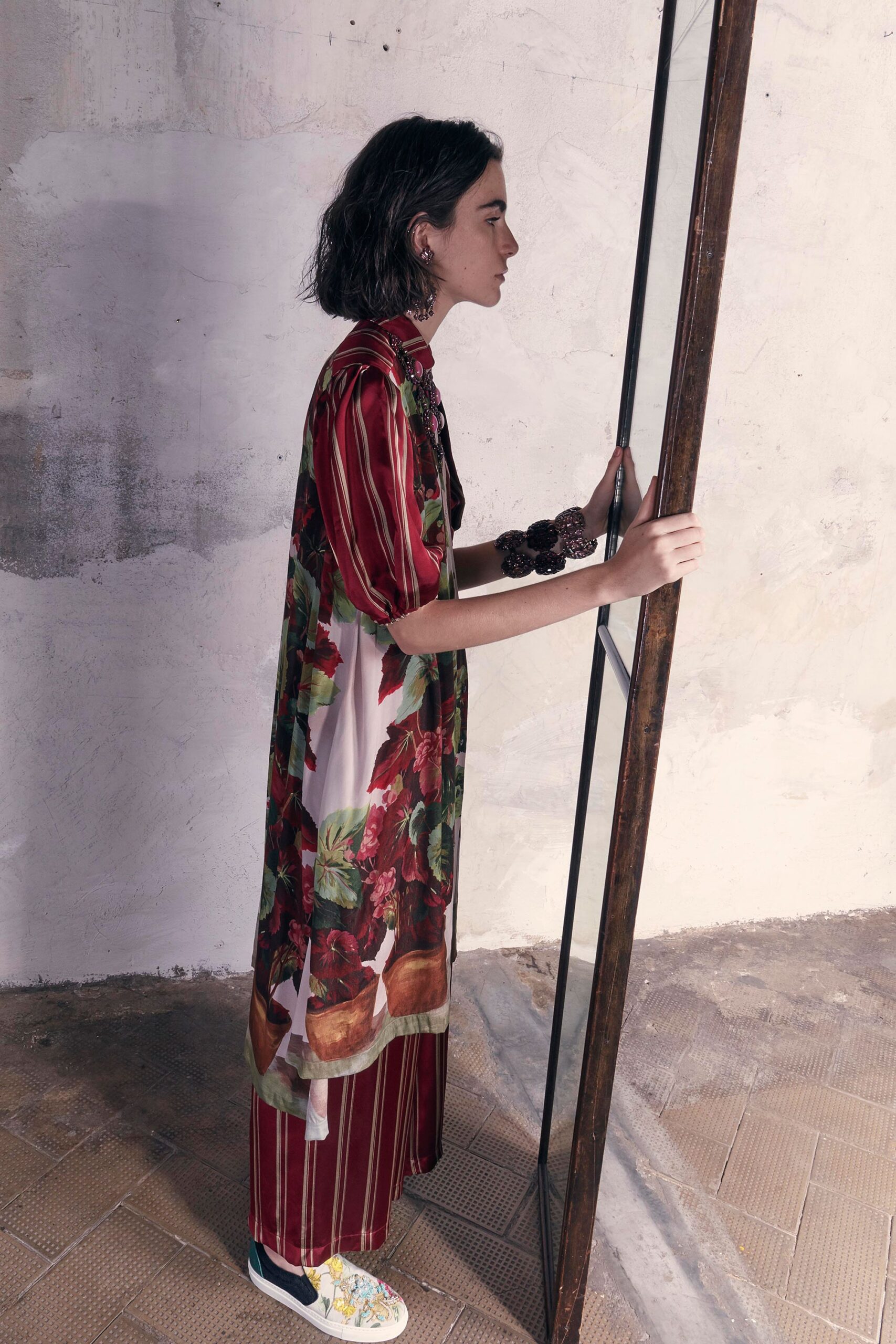 red silk short-sleeve collared relaxed printed midi dress
