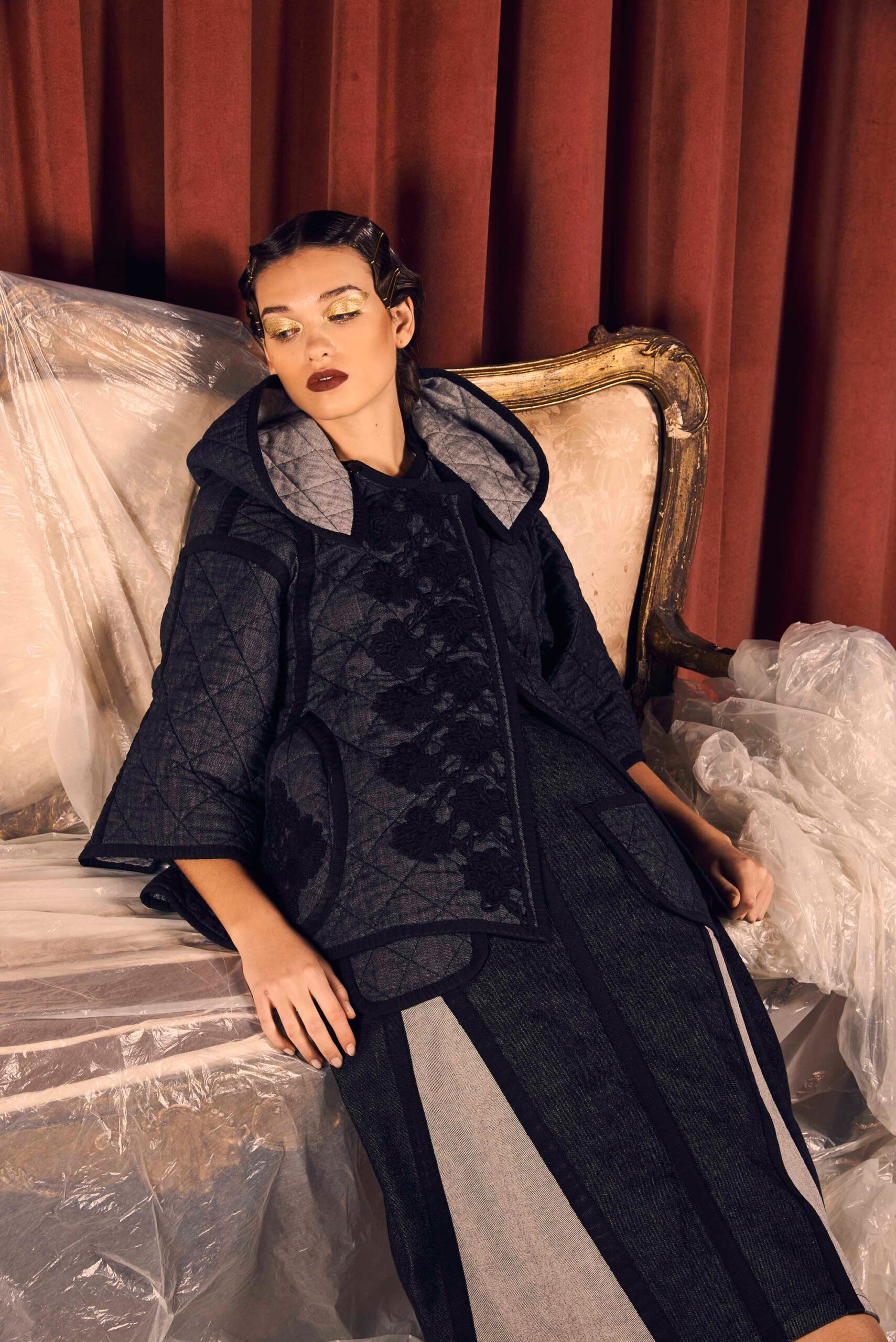 black gray quilted hooded coat