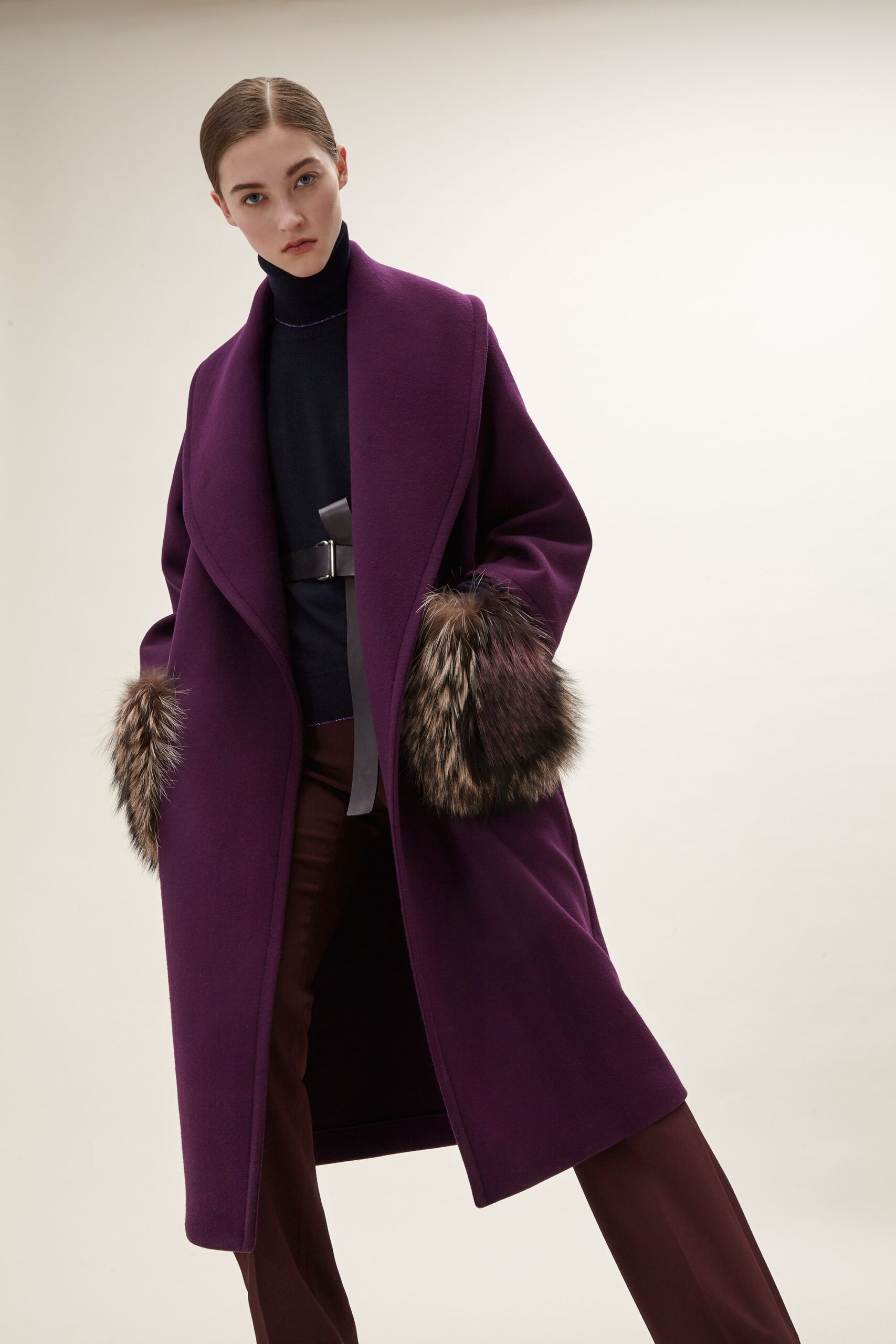 purple wool coat with fur
