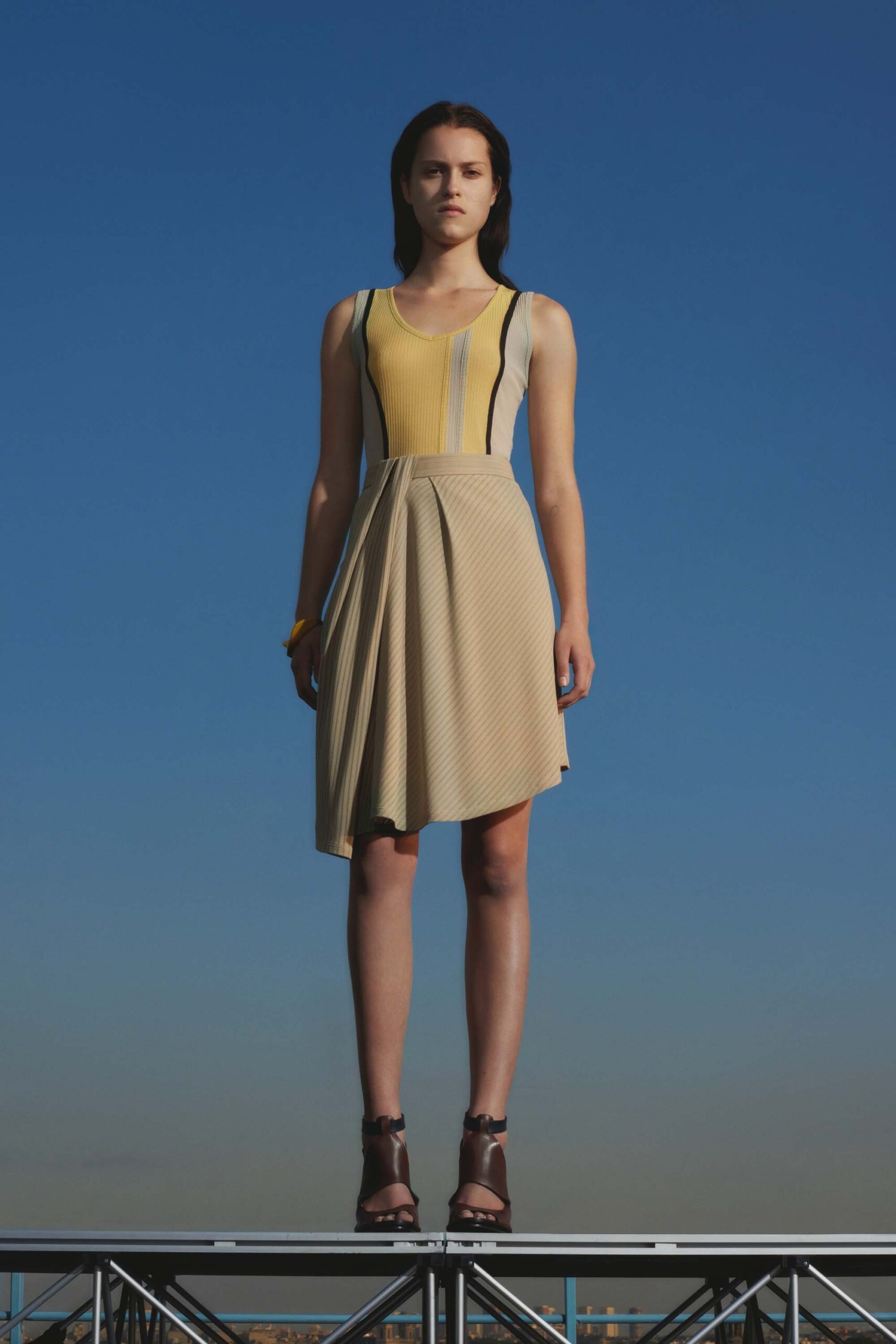 yellow and beige pleated midi dress