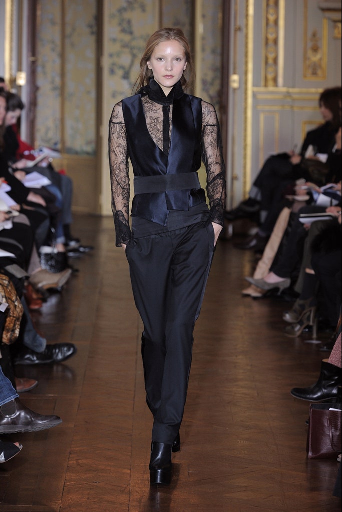 black silk blouse and tailored pants