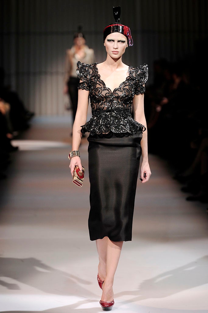 black lace blouse and pencil skirt