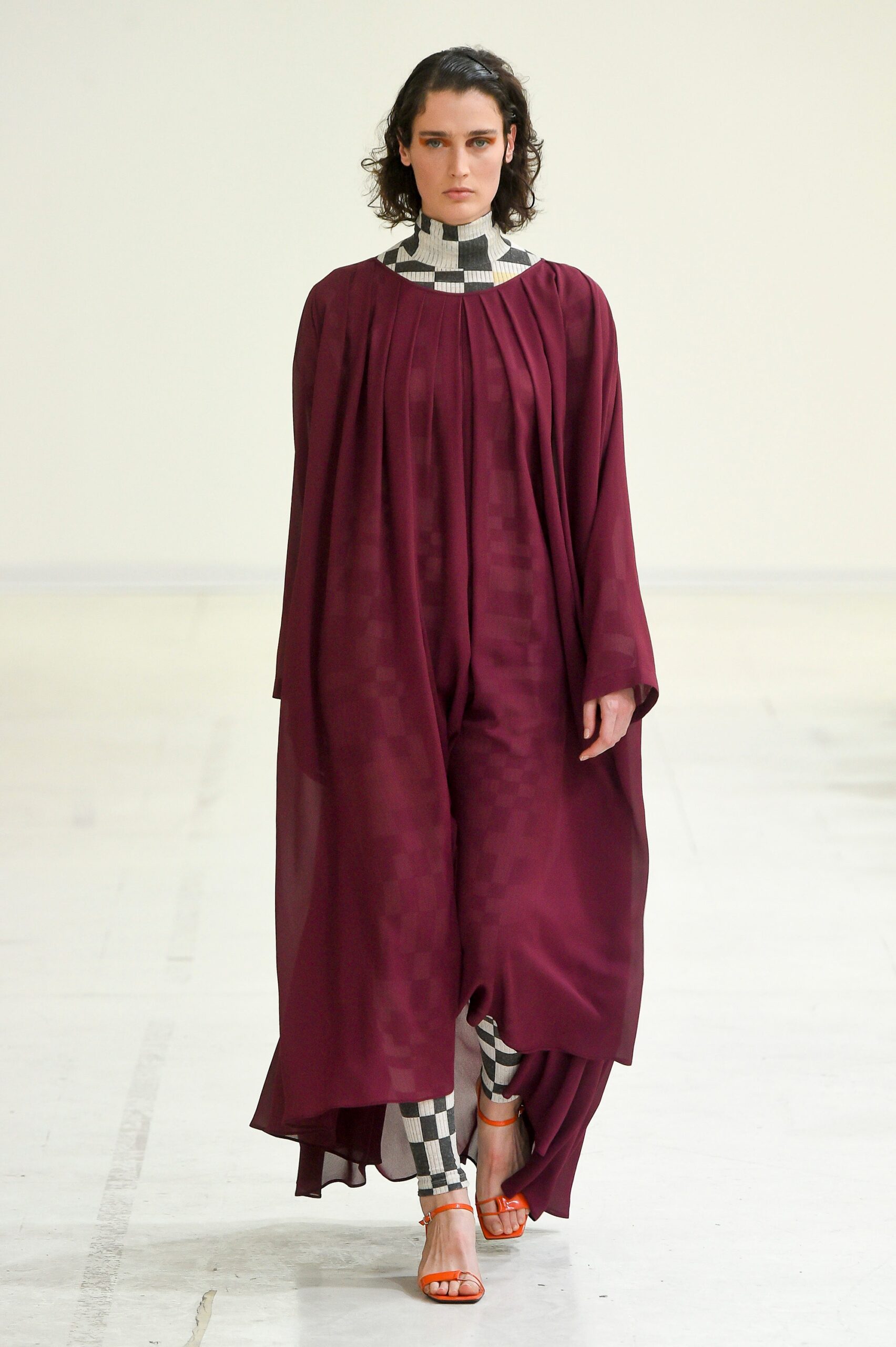 maroon chiffon long-sleeve high-neck relaxed pleated draped dress