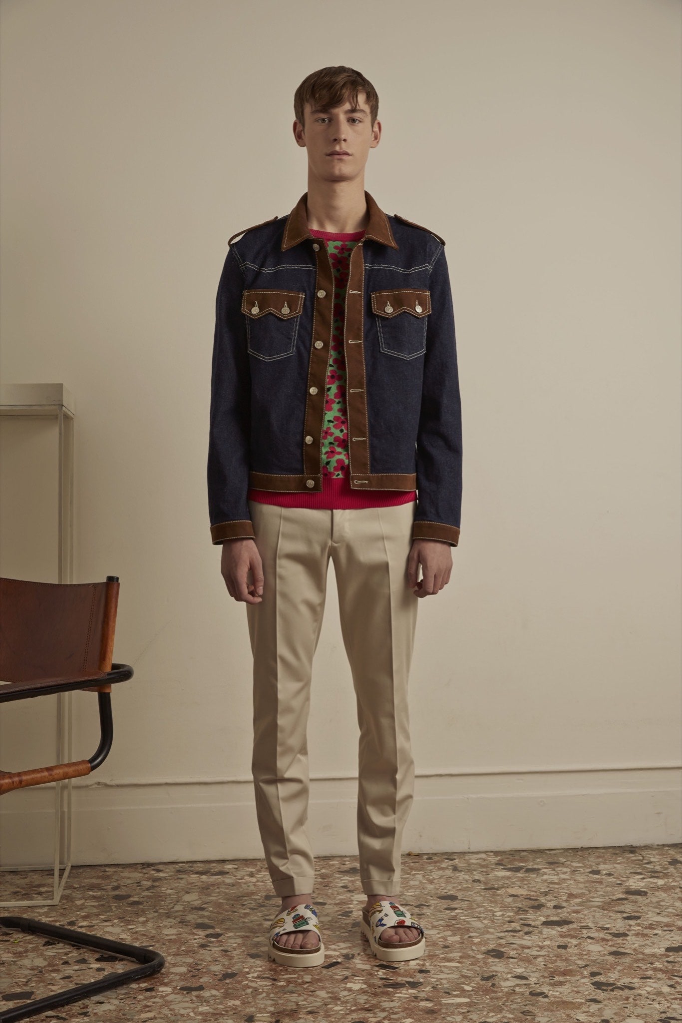 blue denim jacket with printed shirt