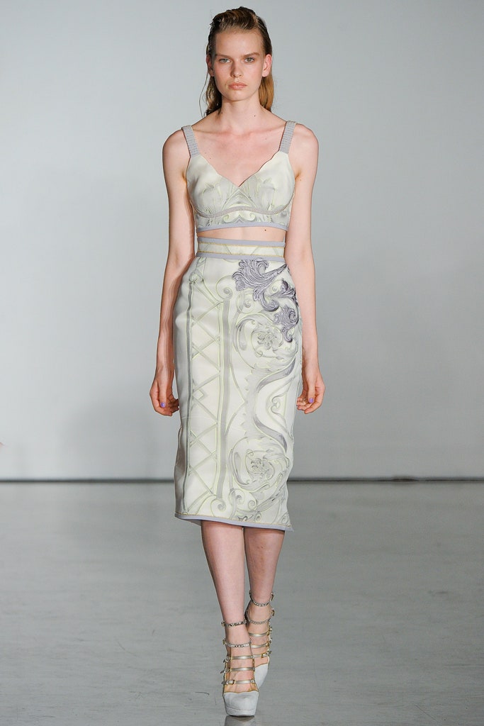 white silk crop-top and midi skirt