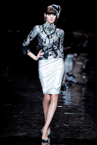 black silk embroidered jacket with white pencil skirt