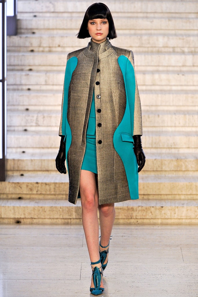 structured gold and teal coat