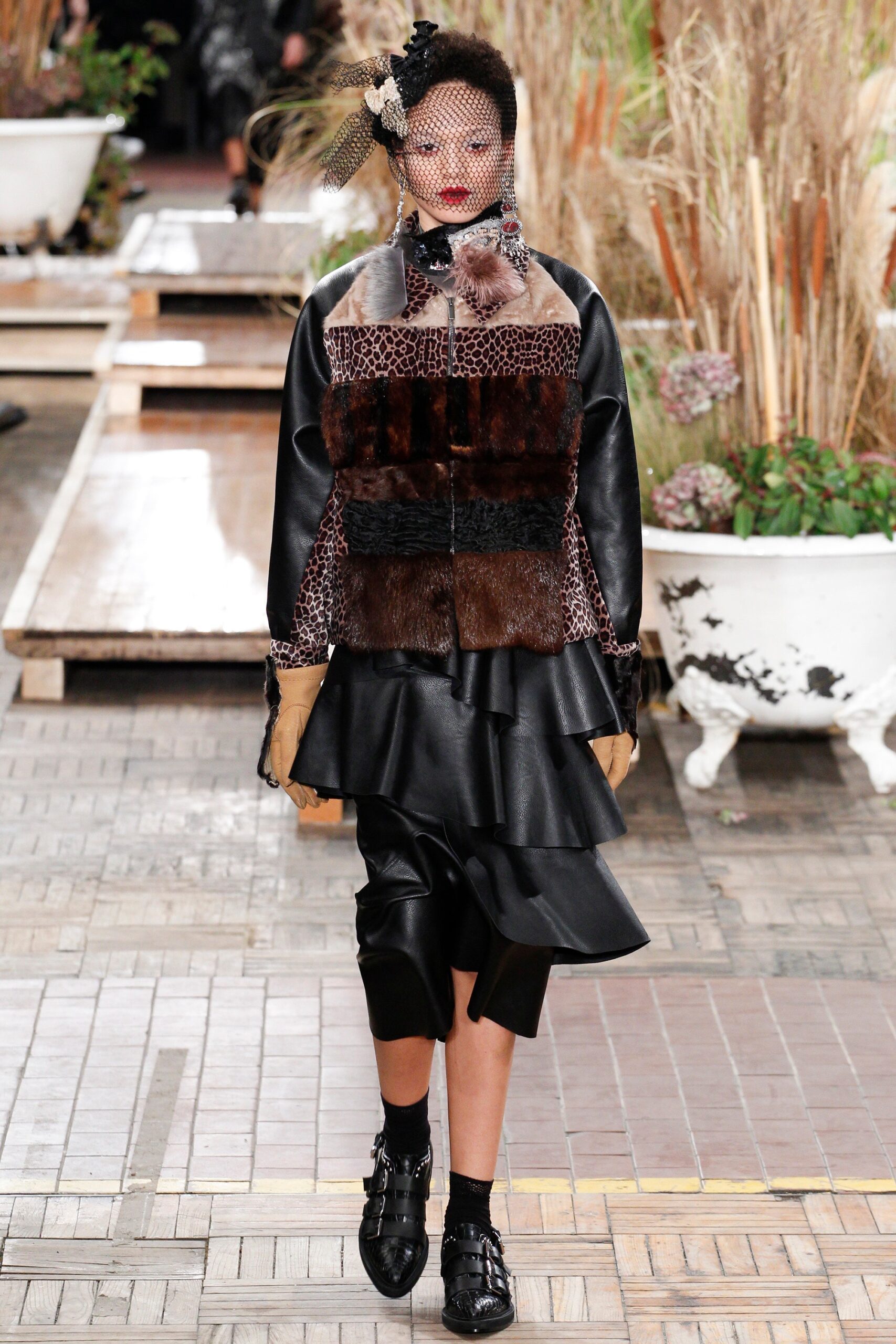 black leather long-sleeve v-neck fitted ruffled layered dress