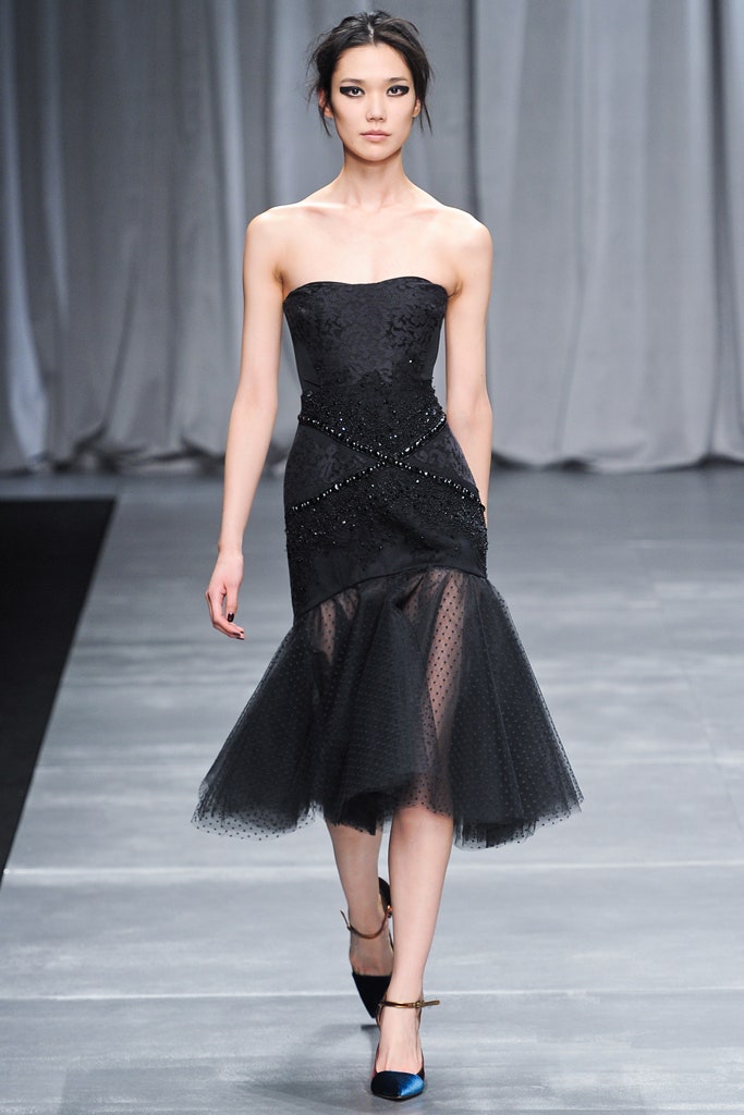 black lace strapless midi dress