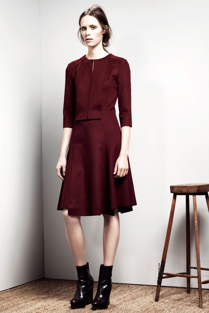 maroon fitted midi dress with boots