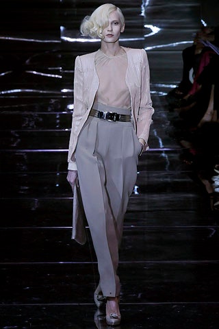 pink silk tailored blazer with beige top