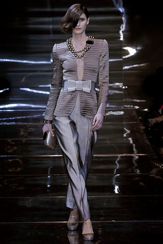 beige silk long-sleeve v-neck fitted pleated buttoned suit