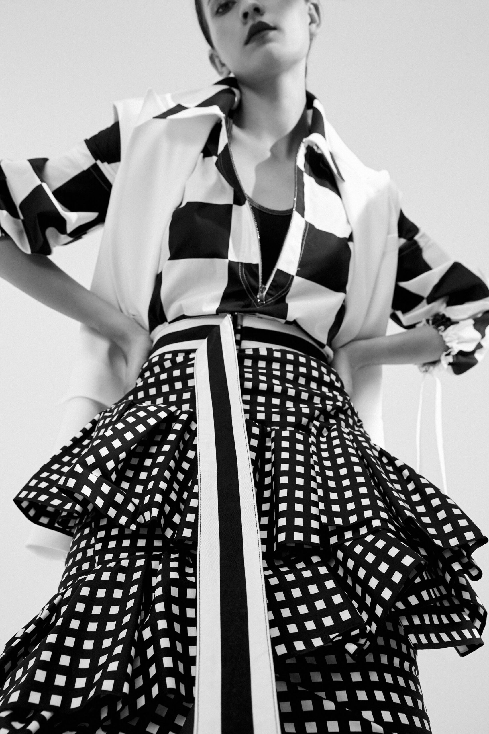 black and white checked blouse and skirt