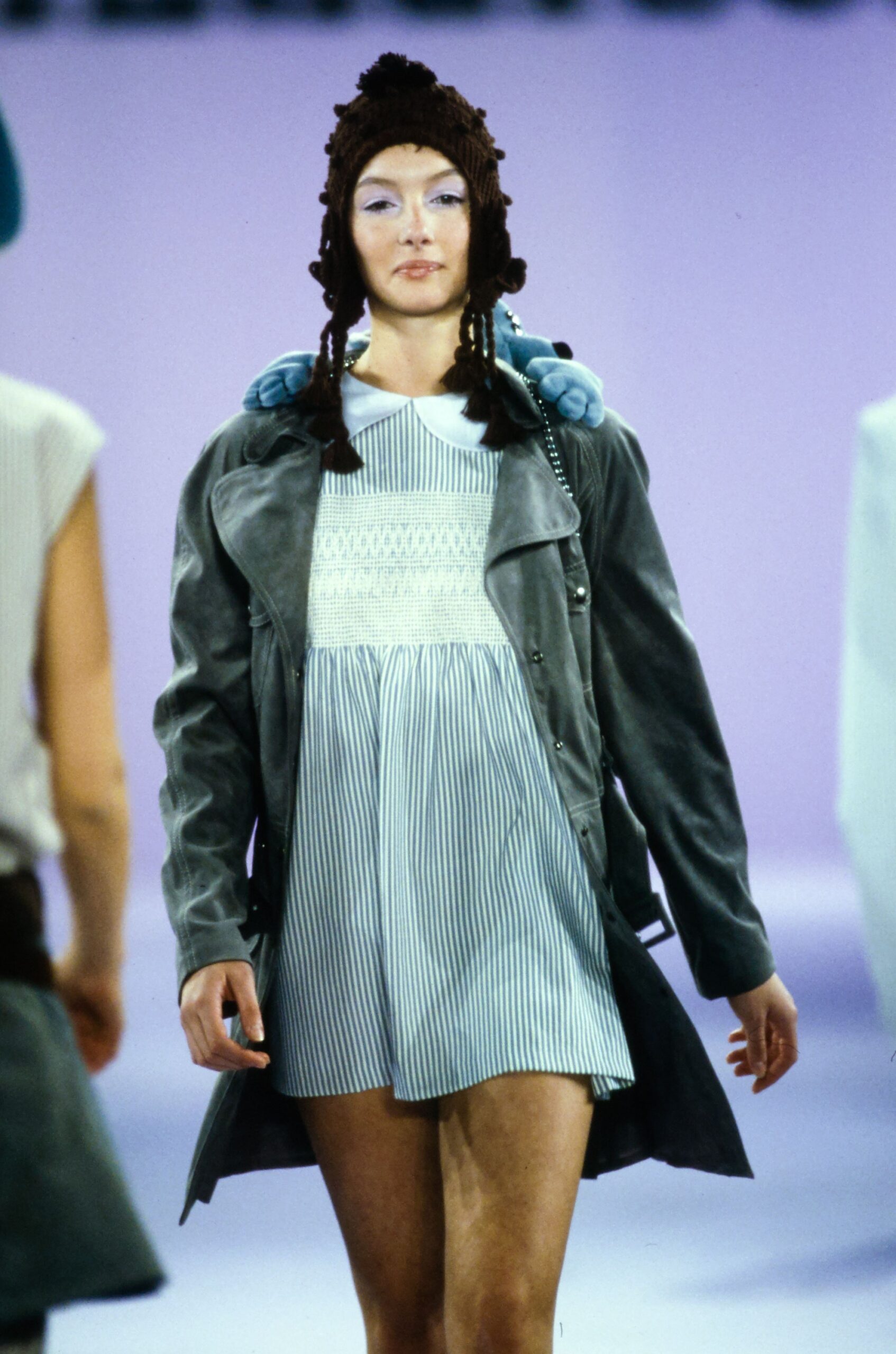 gray suede coat with mini dress