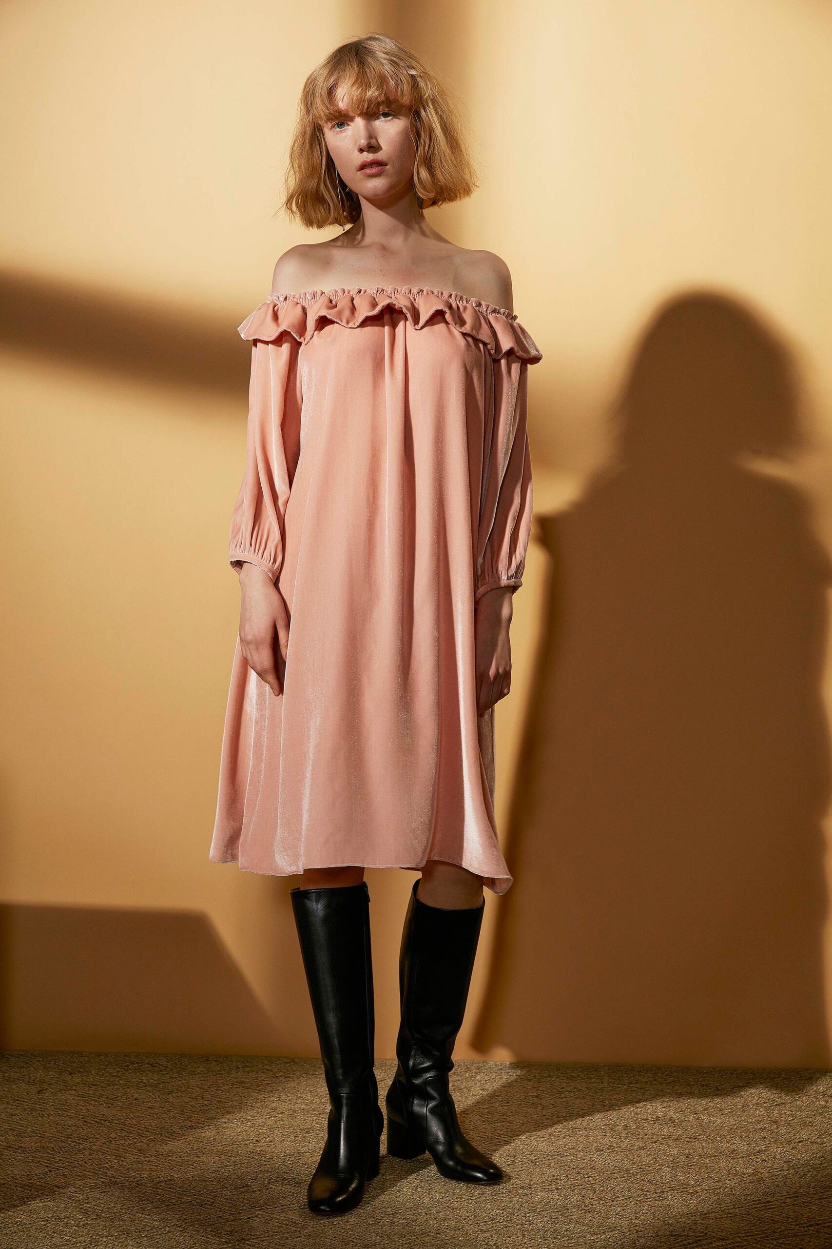pink silk off-shoulder long-sleeve relaxed ruffled flowing dress