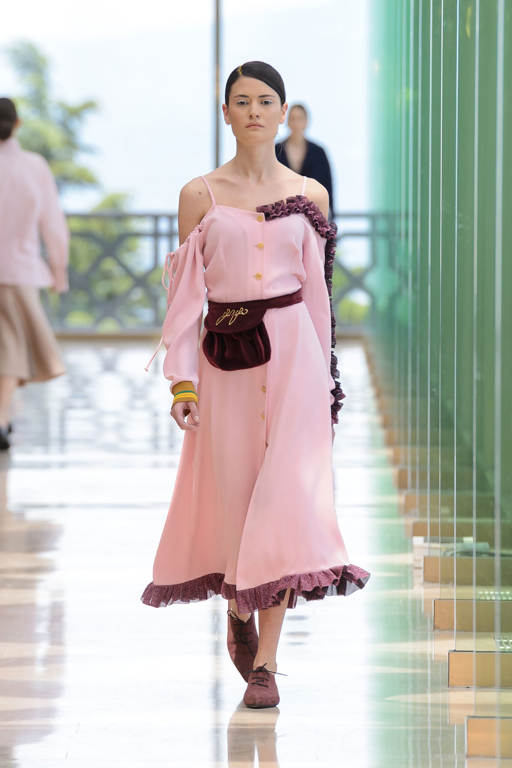 pink silk long-sleeve off-shoulder fitted buttoned ruffled dress