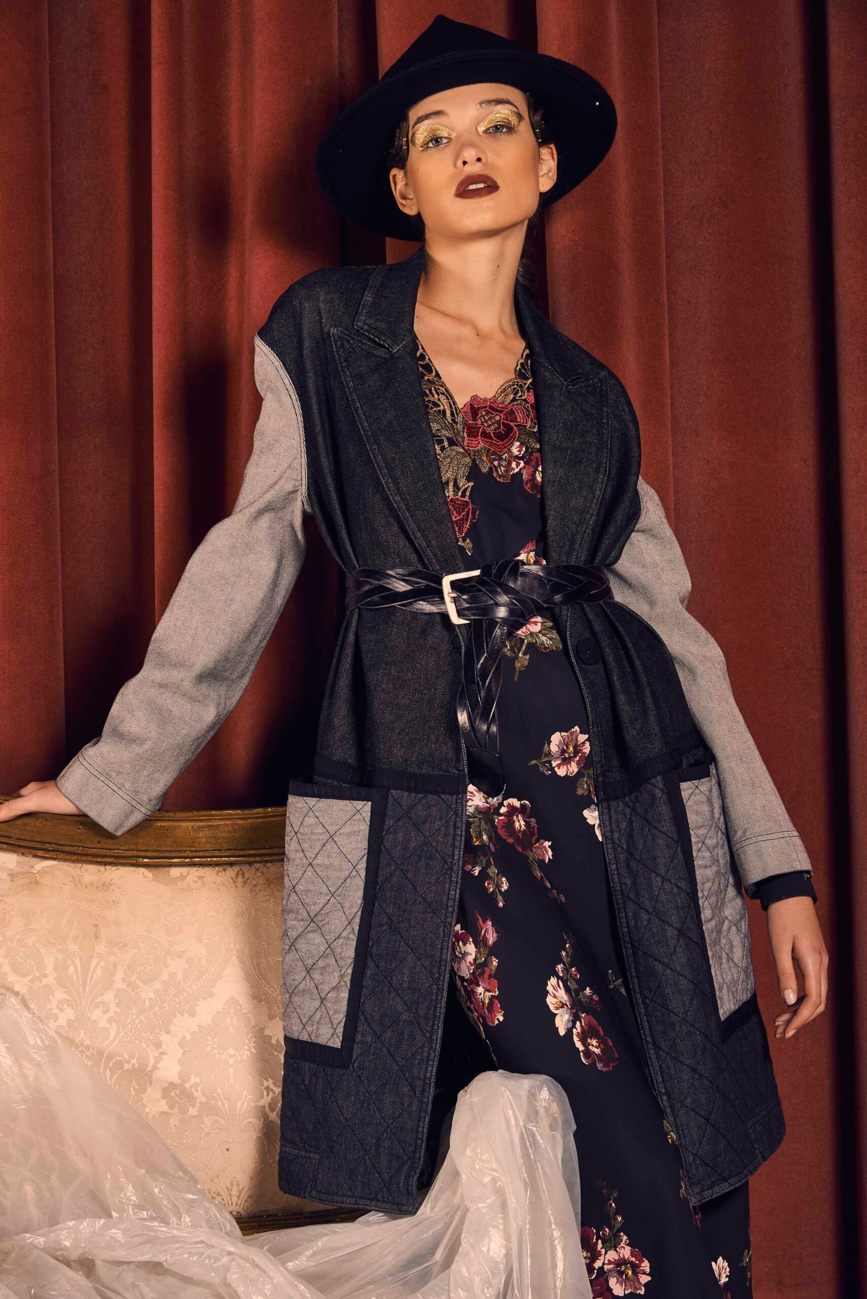 black gray denim coat and floral dress
