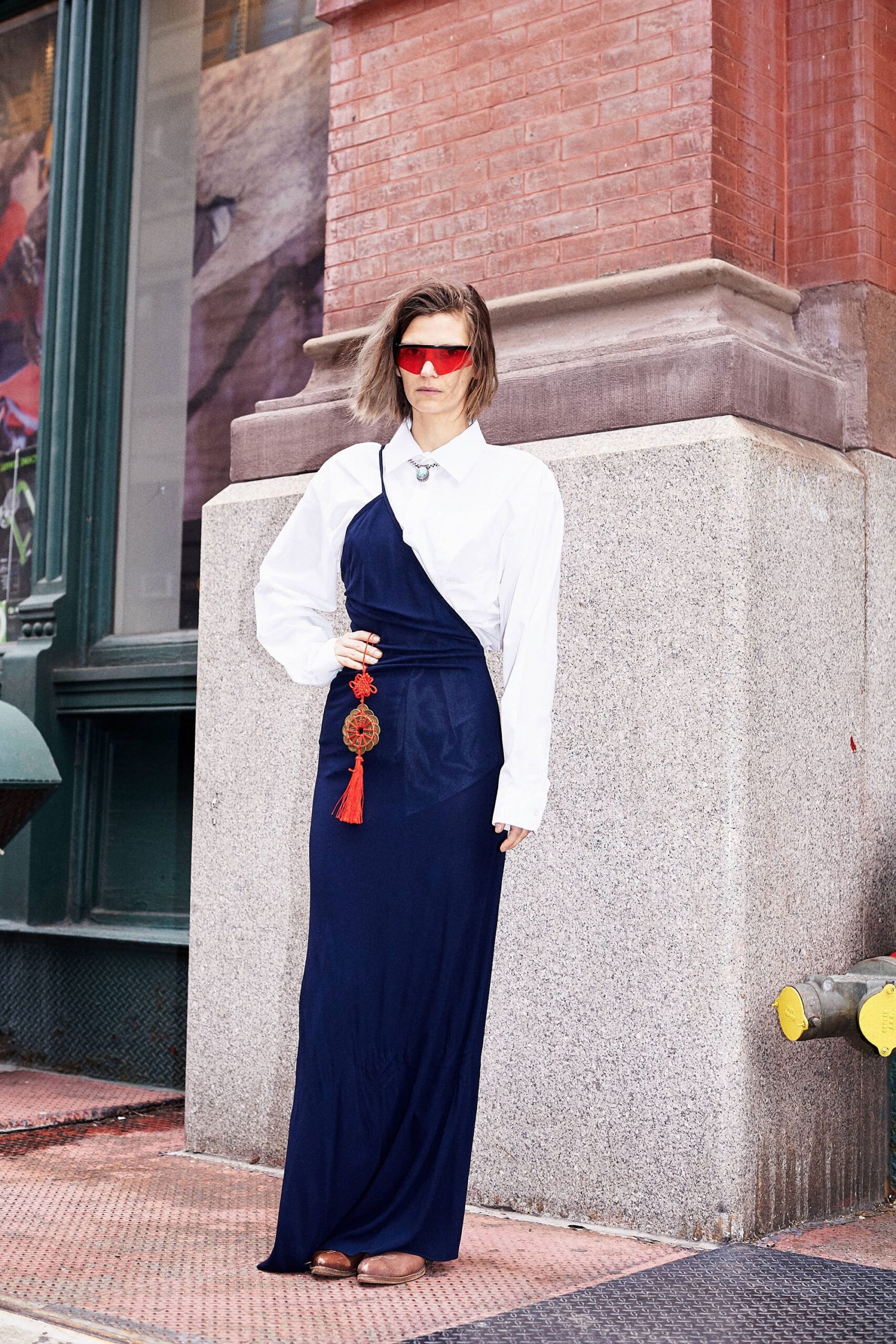blue cotton sleeveless v-neck fitted a-line maxi dress