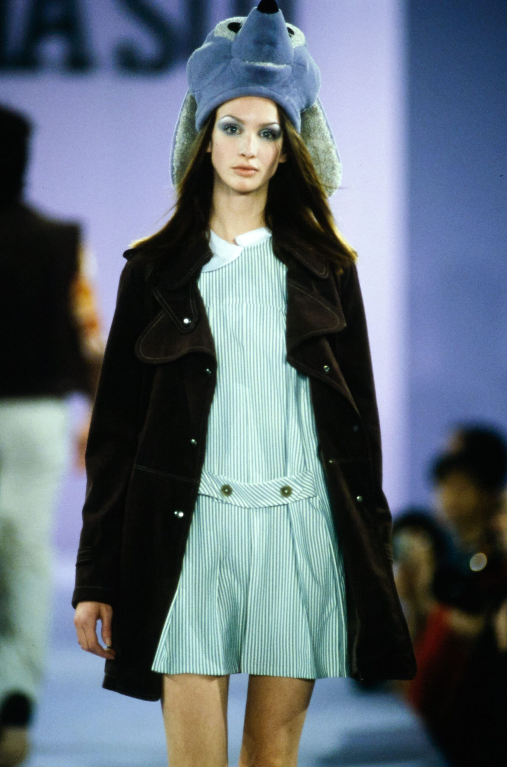 brown suede coat with striped romper