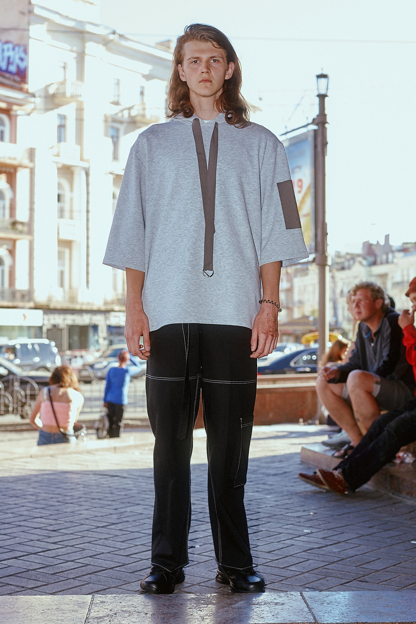 gray cotton short-sleeve collared relaxed zippered top