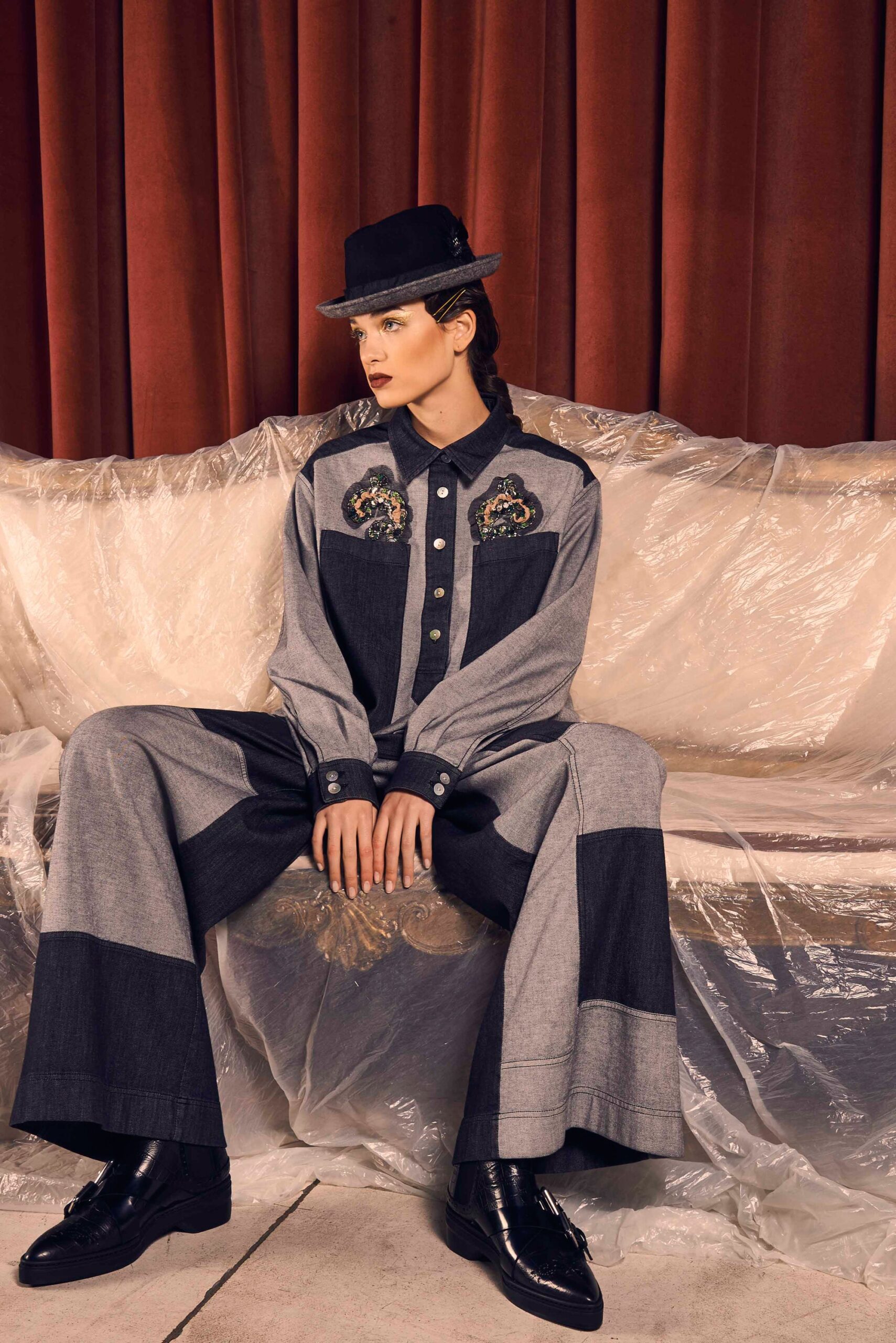 gray denim long-sleeve collared relaxed buttoned patchwork shirt