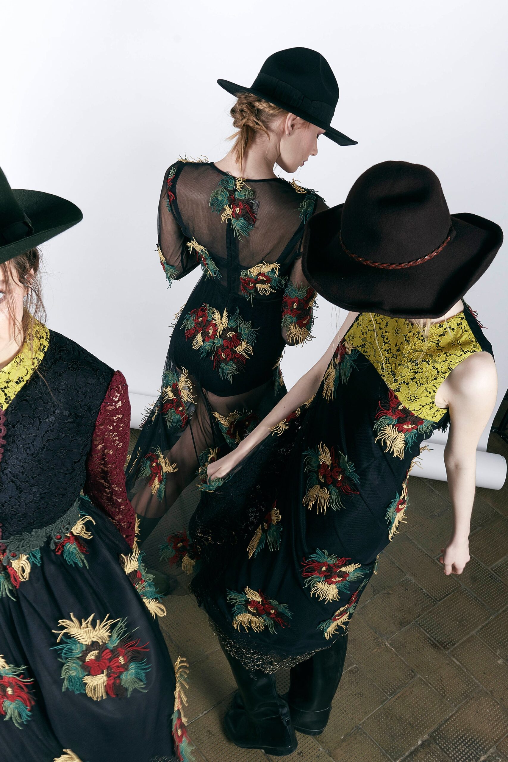 embroidered black midi dresses with hats