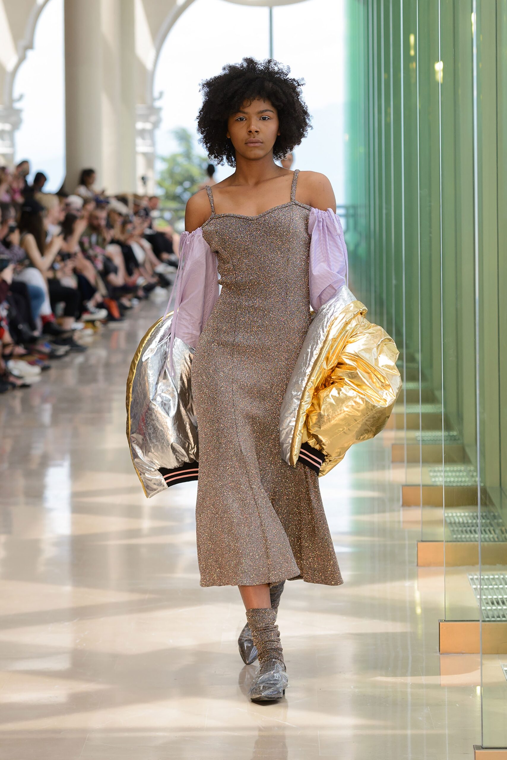 gray metallic long-sleeve oversized zippered shiny jacket
