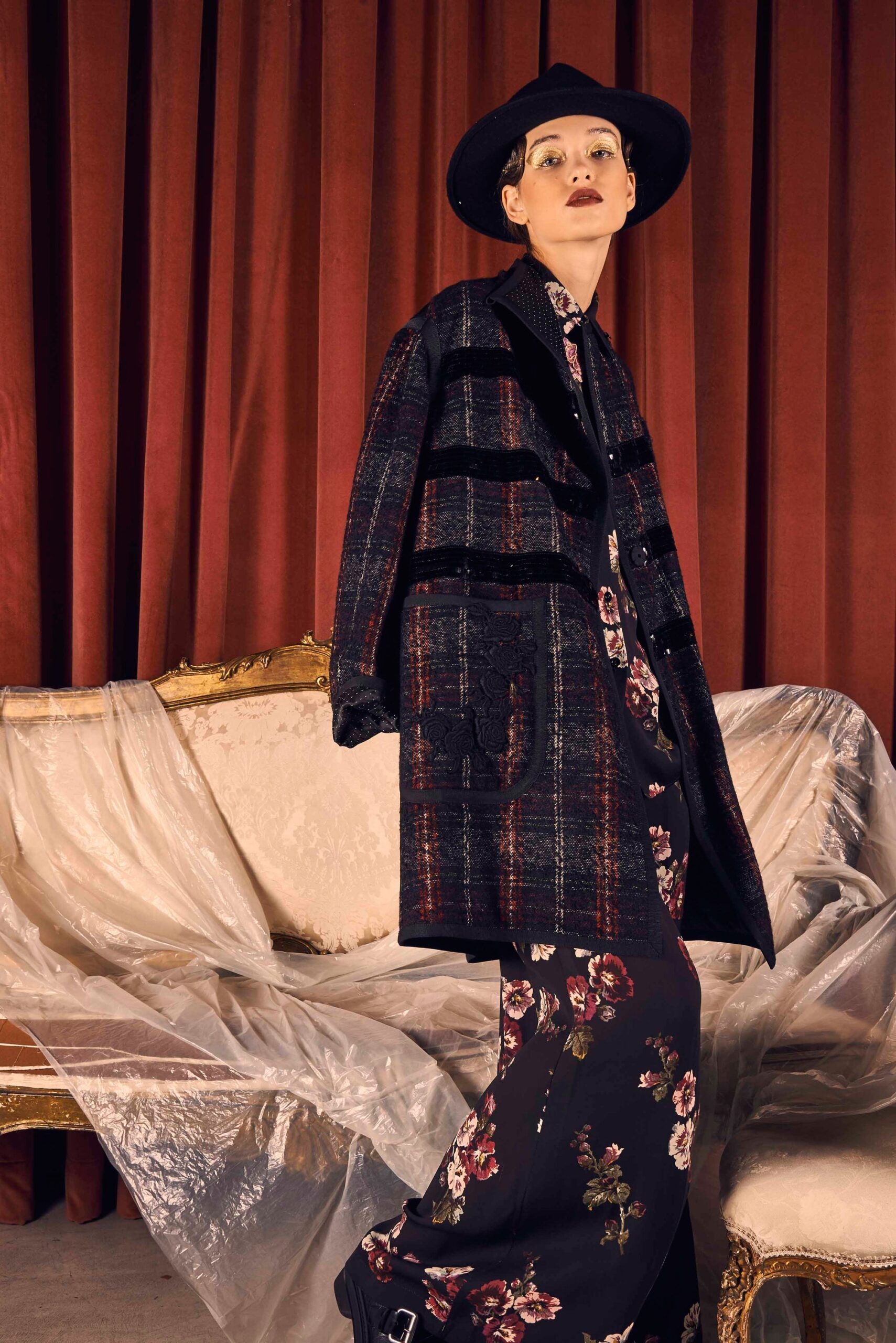checked wool coat with floral dress