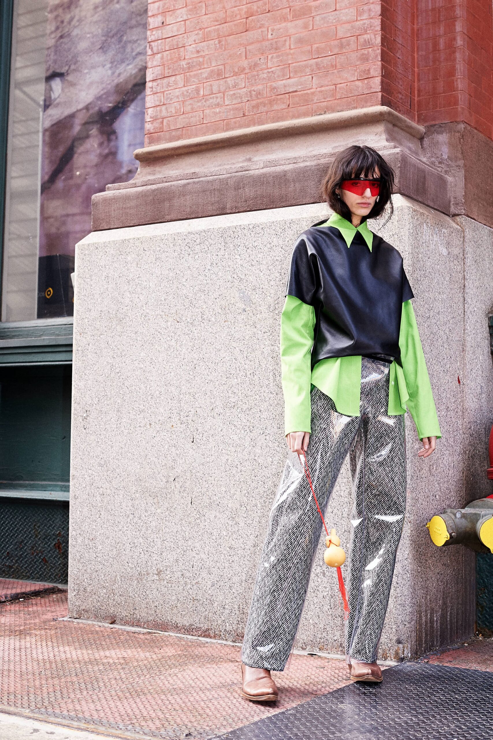 gray vinyl relaxed wide-leg shiny pants