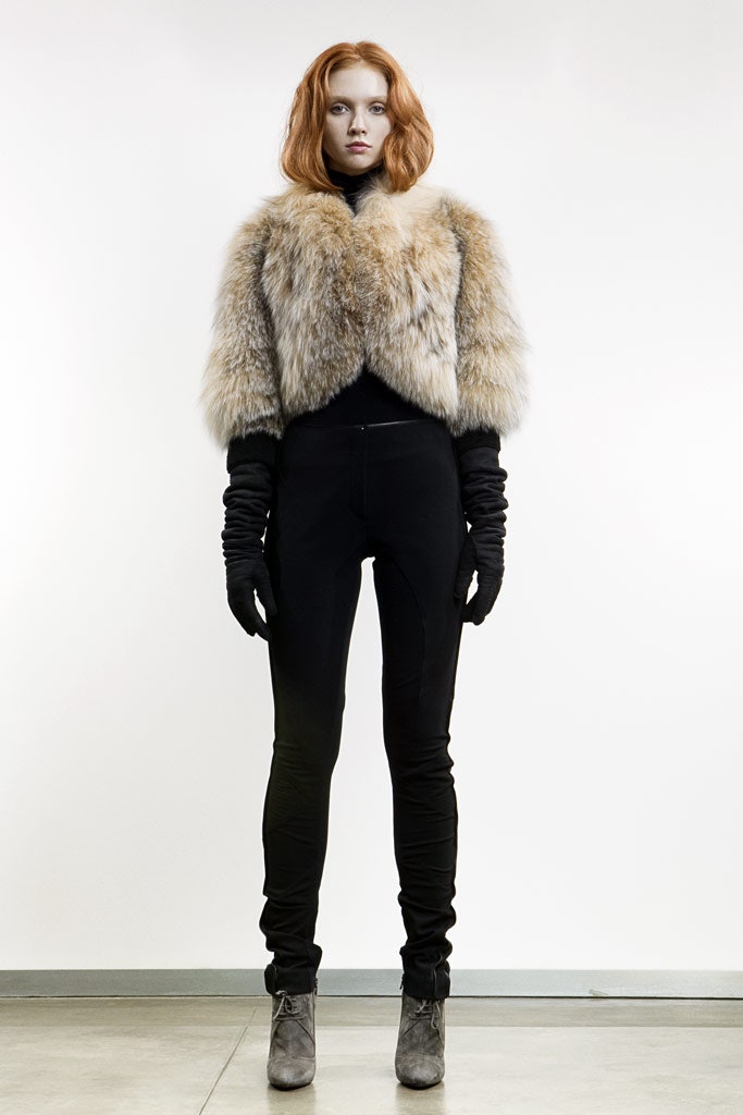 brown fur long-sleeve fitted cropped coat