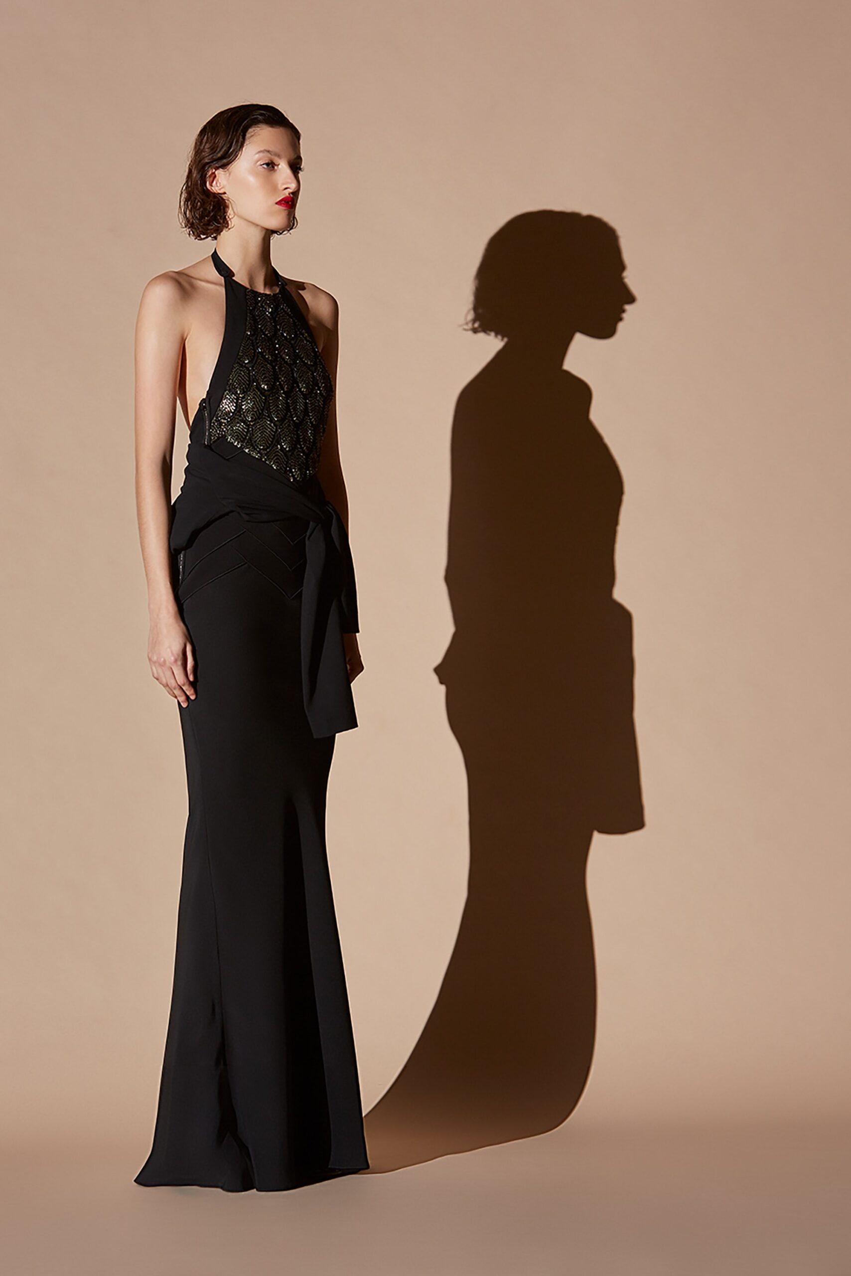black silk fitted gown