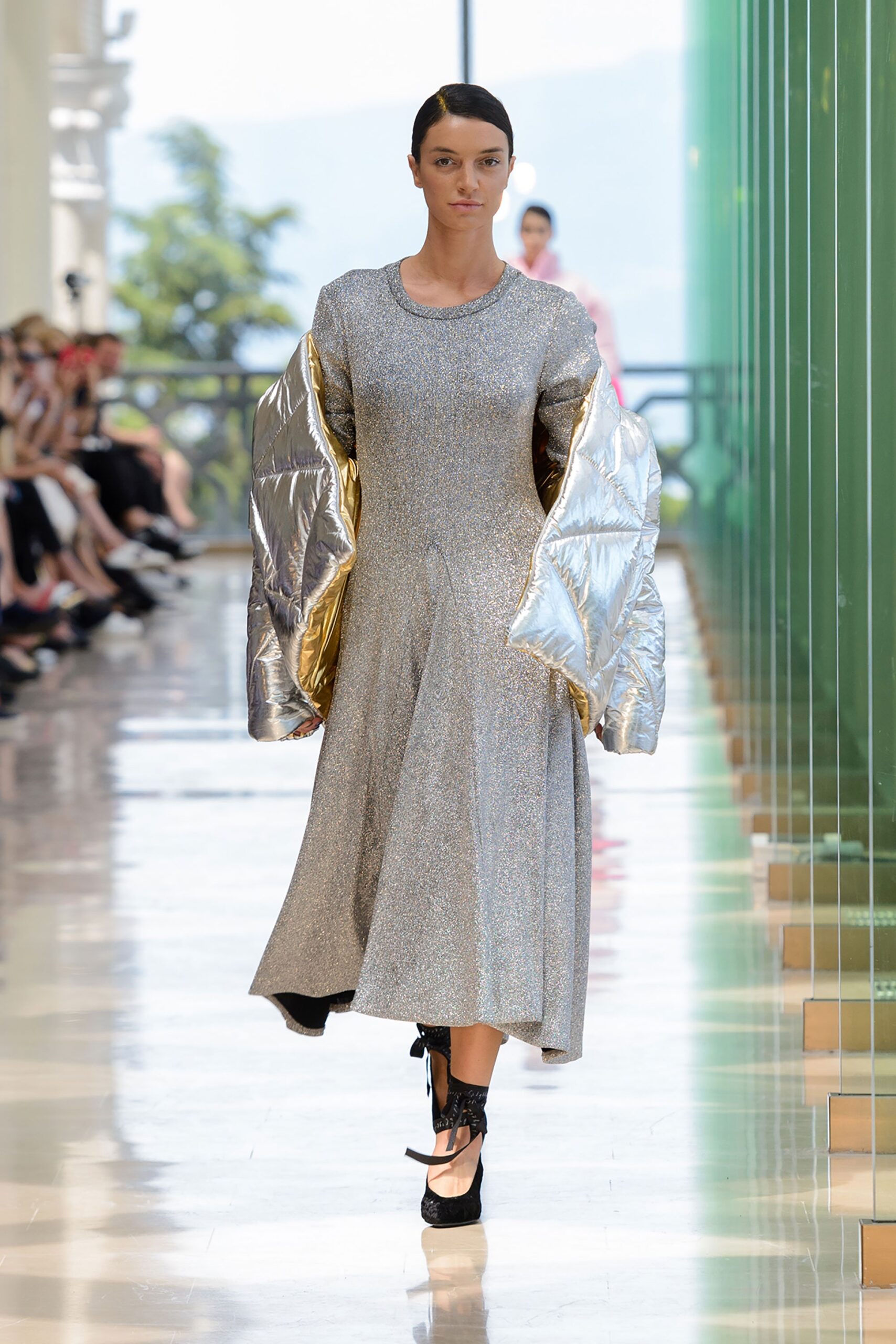 silver silk midi dress with oversized gold jacket